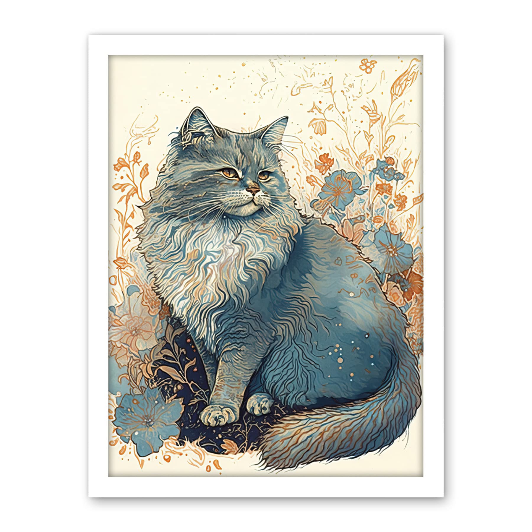 Artery8 Fluffy Cat in Wildflowers Teal and Orange Watercolour Illustration Artwork Framed Wall Art Print 18X24 Inch