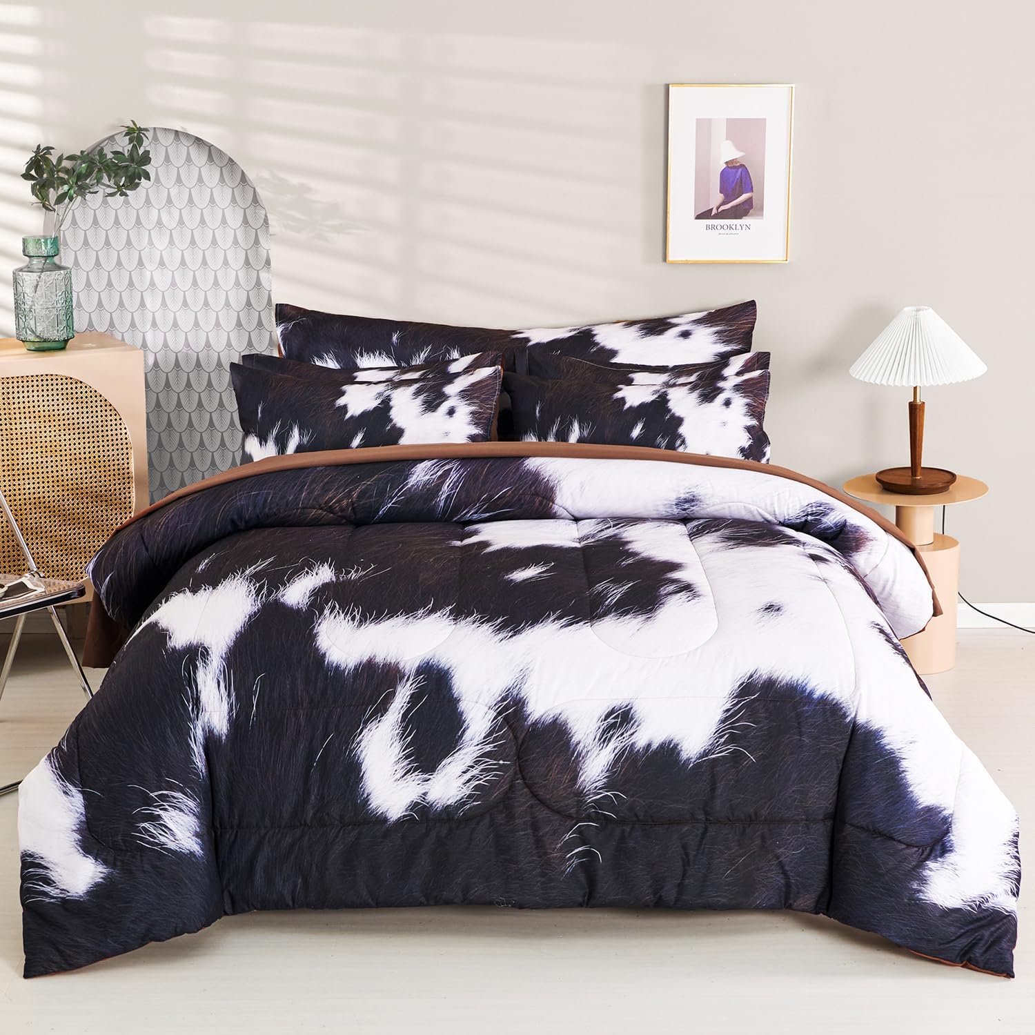 SUCSES 8 Pieces California King Comforter Set with Sheets, Cal King Size Cow Fur Print Bedding Set for Kids Teens Boys Girls, Western Style Highland Cowhide Farmhouse Bed in A Bag