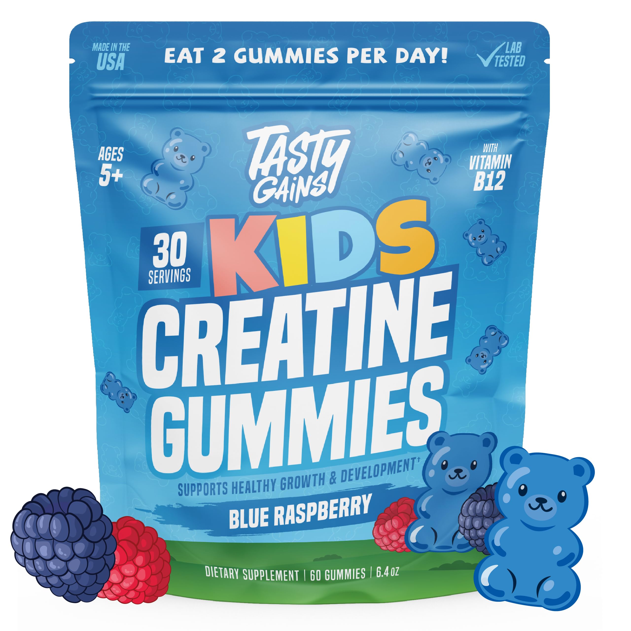 TASTY GAINS Kids & Teen Creatine Gummies with Vitamin B12 for Growth Support, Easy Chew Daily Supplement, Gummy Vitamins for Kids and Teens, Ages 5+
