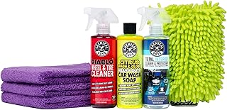 Chemical Guys Clean and Shine - Kit de inicio de lavado de autos, juego de 7 piezas con 3 productos químicos para detalles de automóviles de 16 onzas, seguro para automóviles, camiones, SUV, motocicletas, Jeeps, RV y más