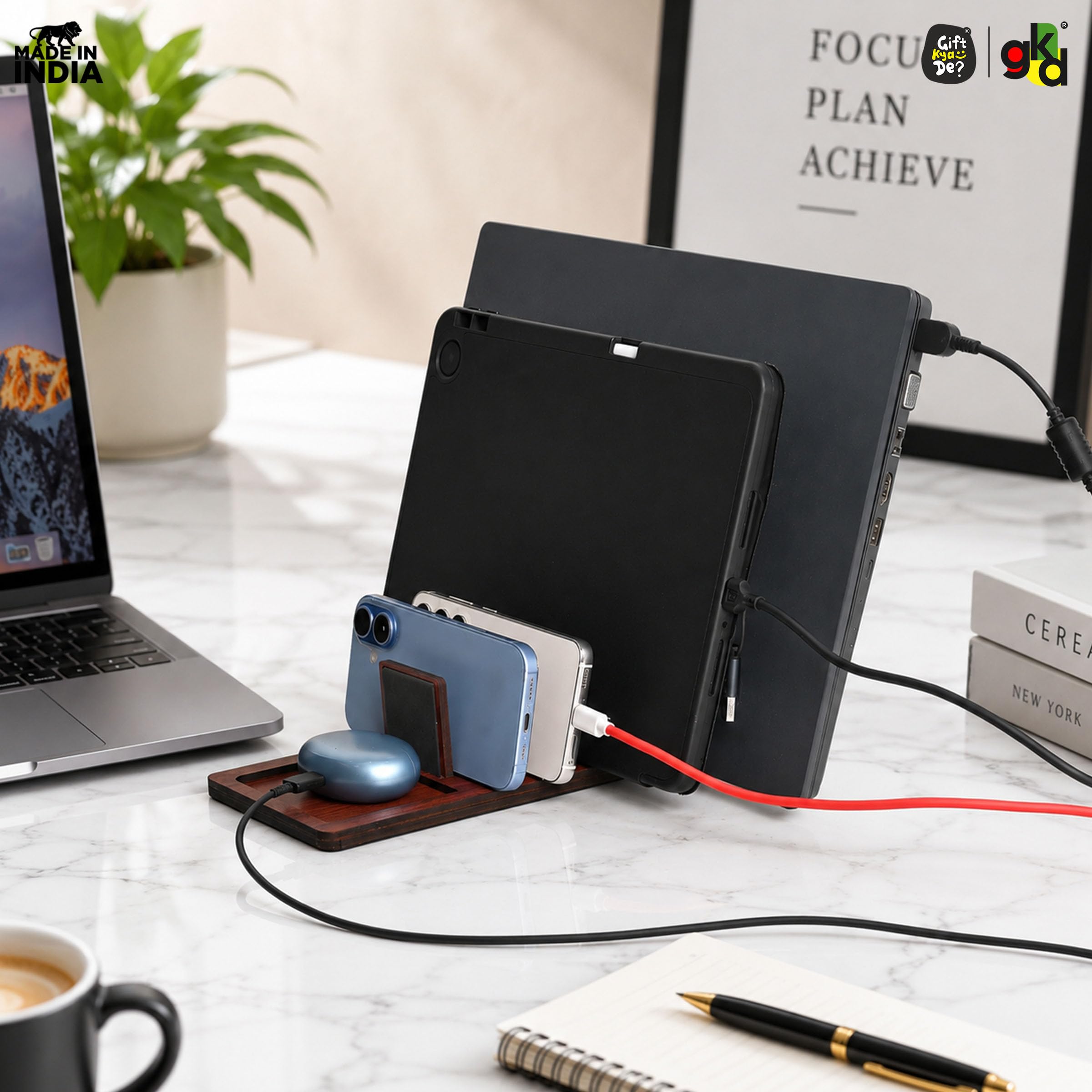 GKD Laptop Stand, Tablet Stand, Mobile, and Power Bank, All in One Multi Device Charging Station and Organizer, Laptop Stand Holder, New Year Gift for Him - Dark Wood 1