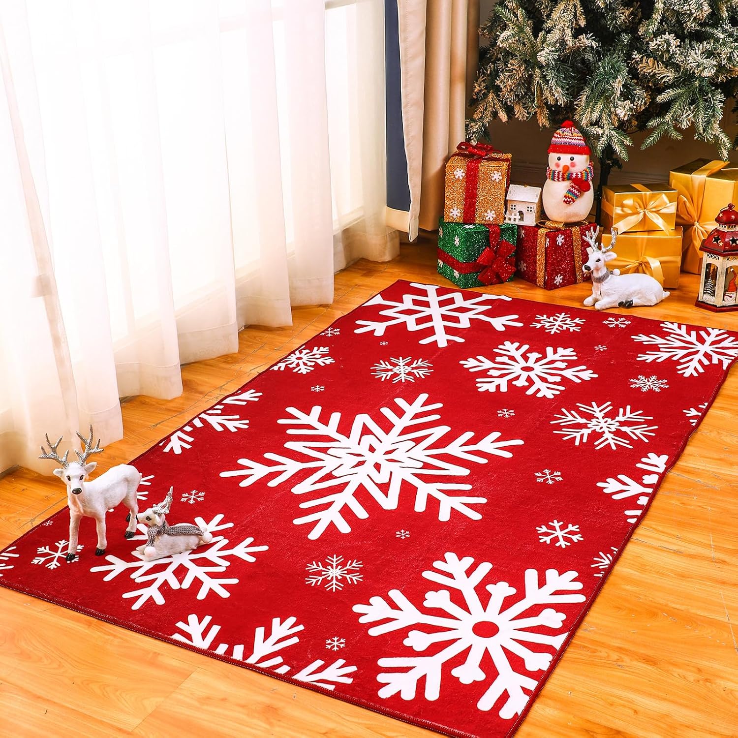 3 x 5 Christmas Area Rug Xmas Snowflake Washable Non Slip Rug, Red White Xmas Winter Doormat Holiday Decor Carpet for Living Room Bedroom Dining Room Kitchen Bathroom Hallway