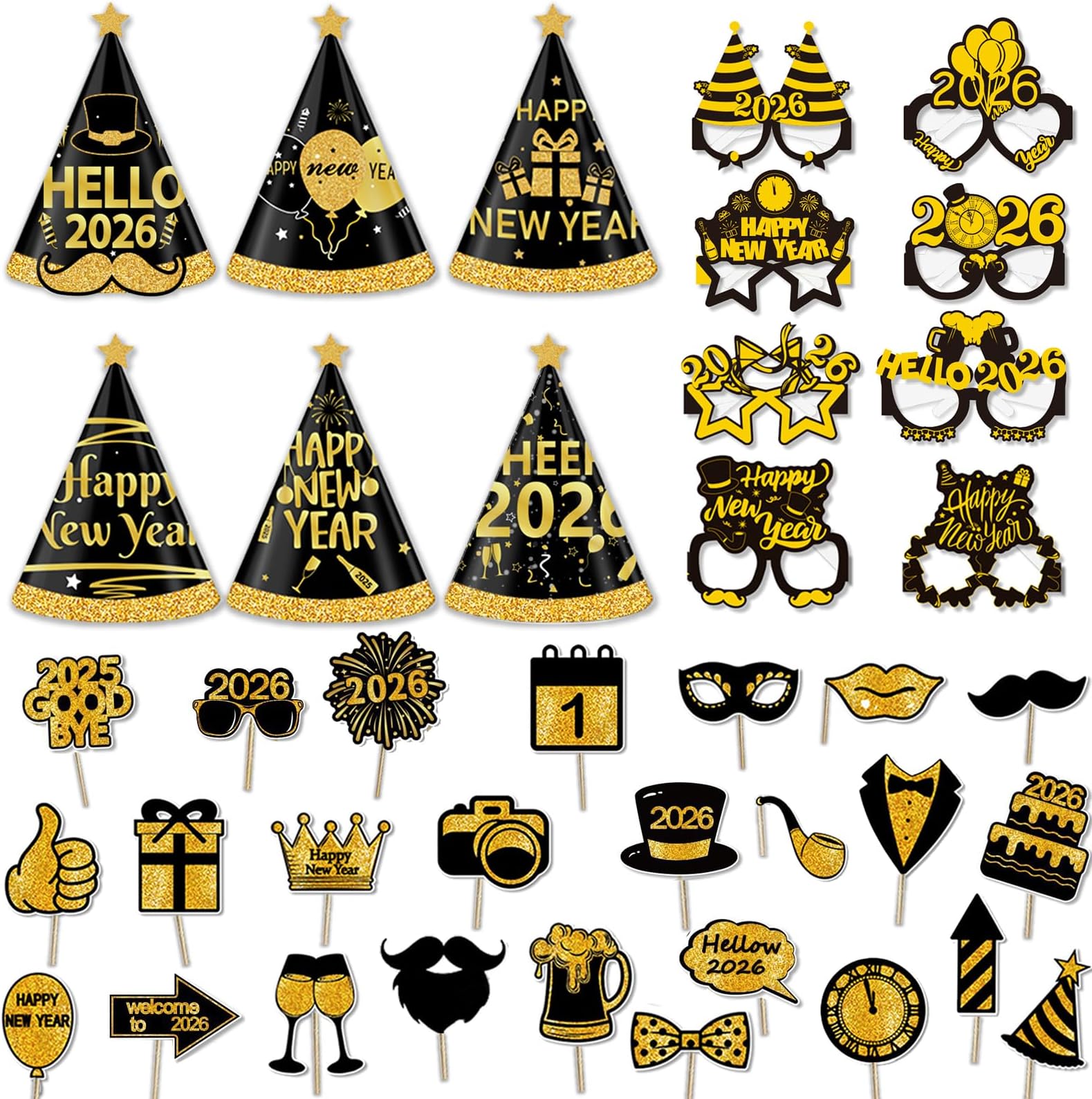 39 Pieces New Years Eve Party Supplies 2026, Happy New Year Headband Tiara, New Year Glasses 2026, New Years Photo Booth Props