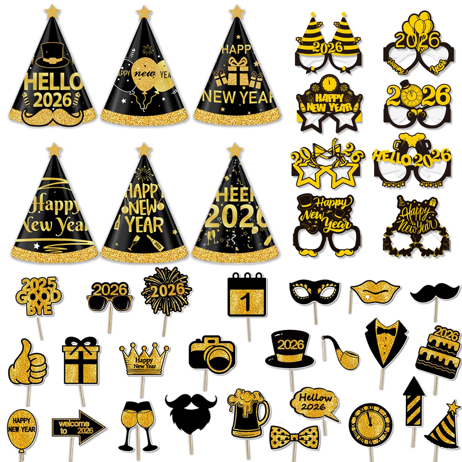 39 Pieces New Years Eve Party Supplies 2026, Happy New Year Headband Tiara, New Year Glasses 2026, New Years Photo Booth Props