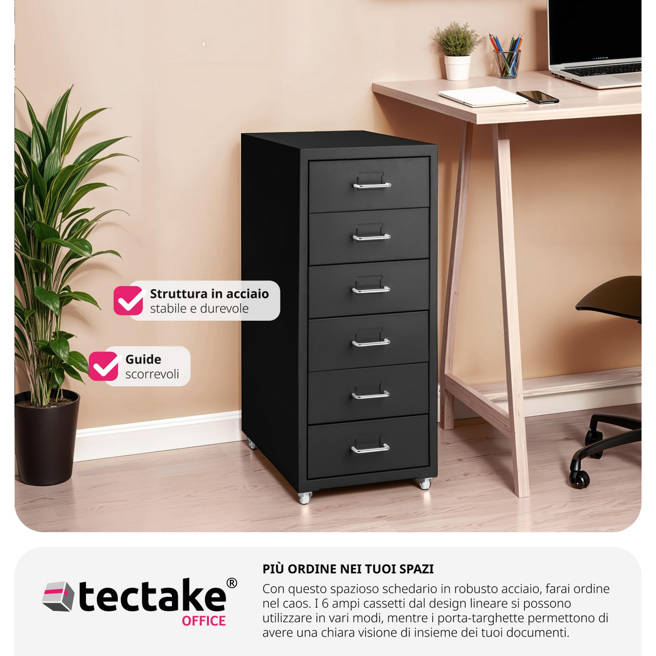 tectake® Cassettiera A Rotelle In Metallo, Schedario Uffici, Mobiletto Ufficio 6 Cassetti, Raccoglitore Documenti, Cassettiera Ufficio Porta Documenti in Acciaio 41 X 28 X 69 cm - Nero