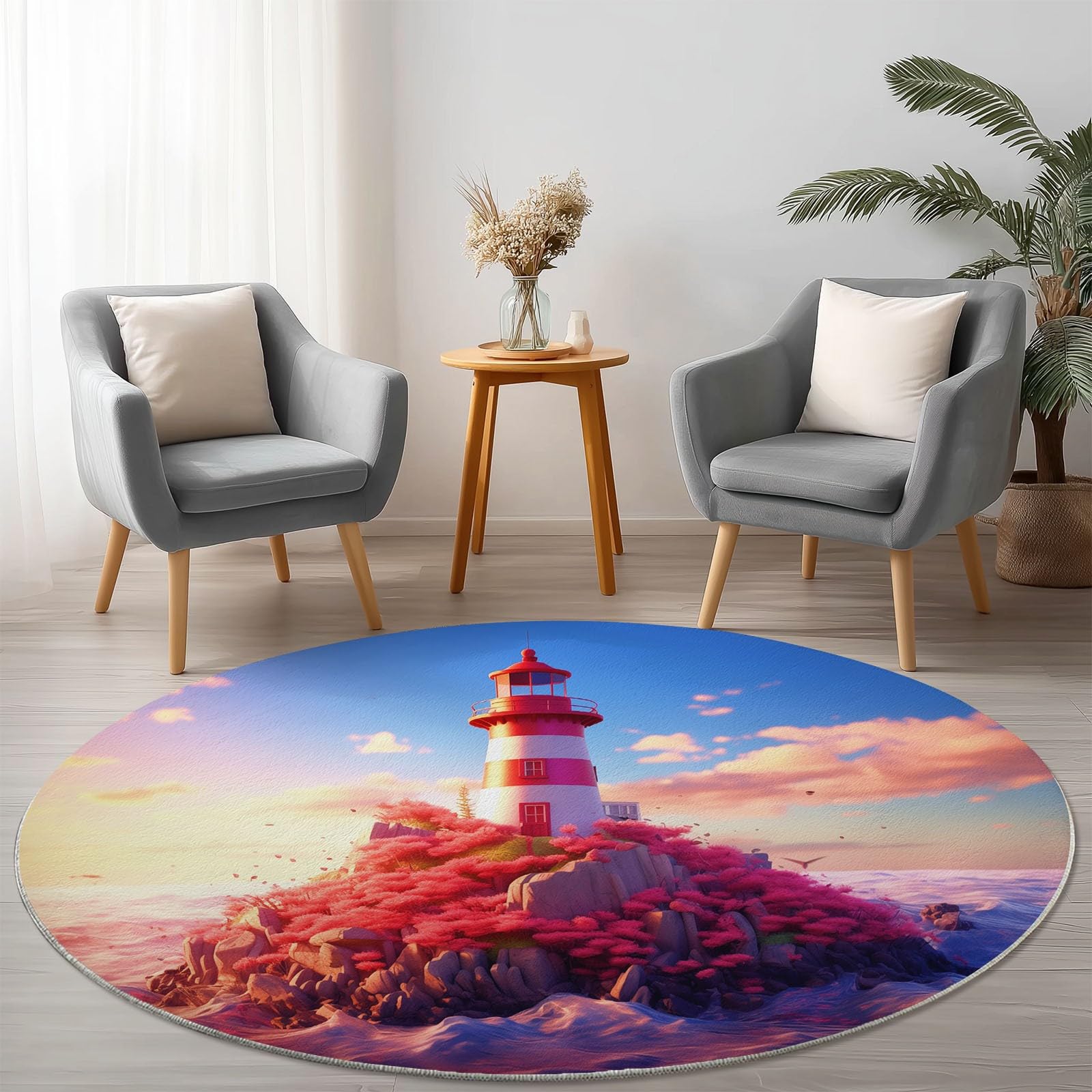 Miękki okrągły dywan Dream Rocks Island Ocean Theme, różowy niebieski zmywalny antypoślizgowy 160 cm okrągły dywan nie blaknie łatwo - do kuchni salonu sypialni jadalni przedpokoju