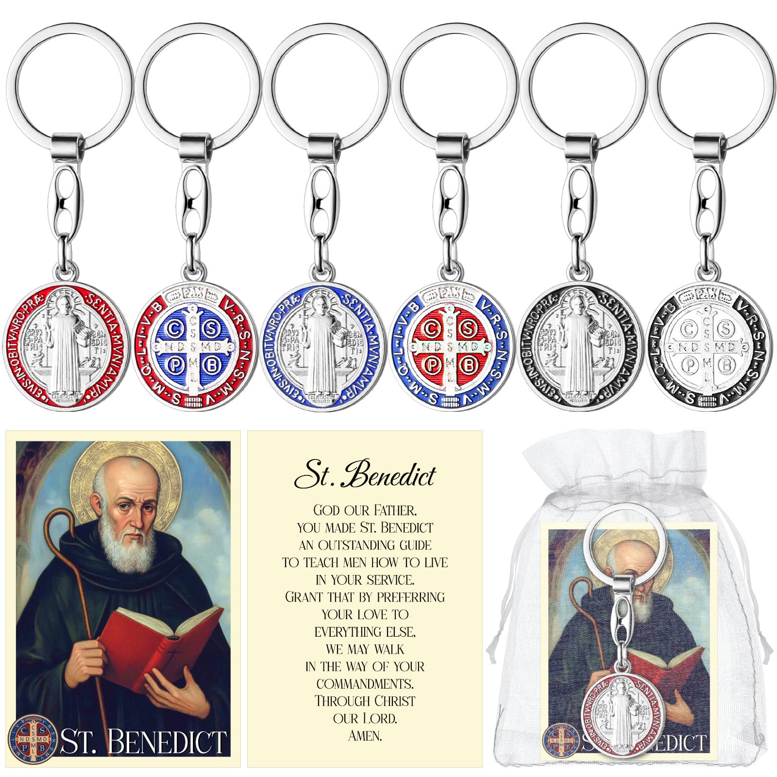 Landical48 Set Saint Benedict Medal Key Chain with St Benedict Prayer Card and White Organza Bags Catholic Keychain Catholic Gift for First Holy Communion, Confirmation, and Graduation