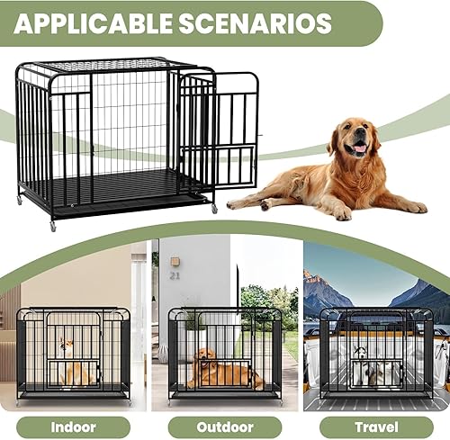 Miniatura 8 de Jaula de perro resistente de 42 pulgadas, jaula indestructible a prueba de escapes para perros grandes con puertas dobles, ruedas y bandeja