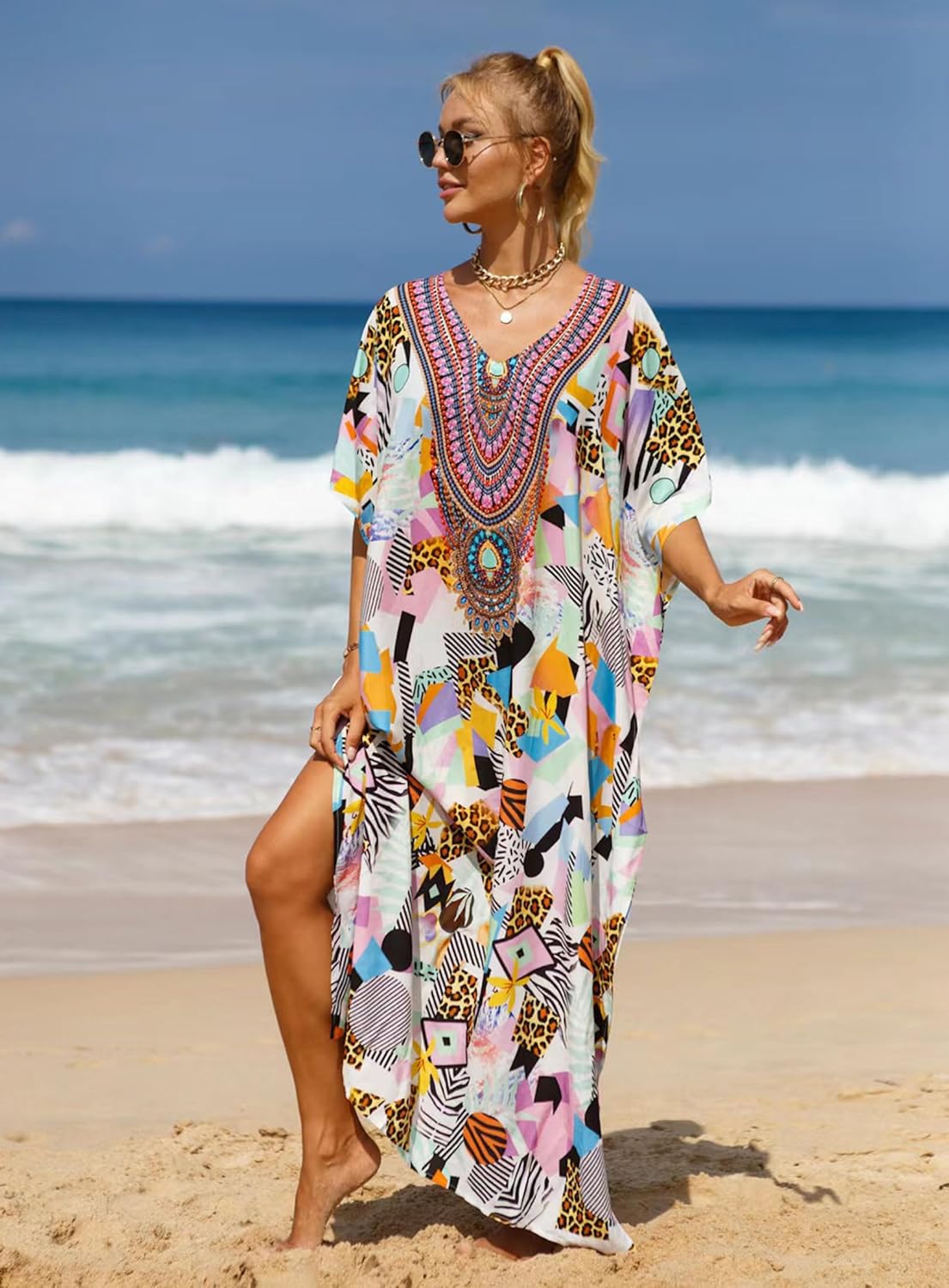 Women's V-Neck Batwing Sleeve Kaftan Dress Lightweight Beach Swimwear Cover Up for Mumu Tropical Vacation - Image 4
