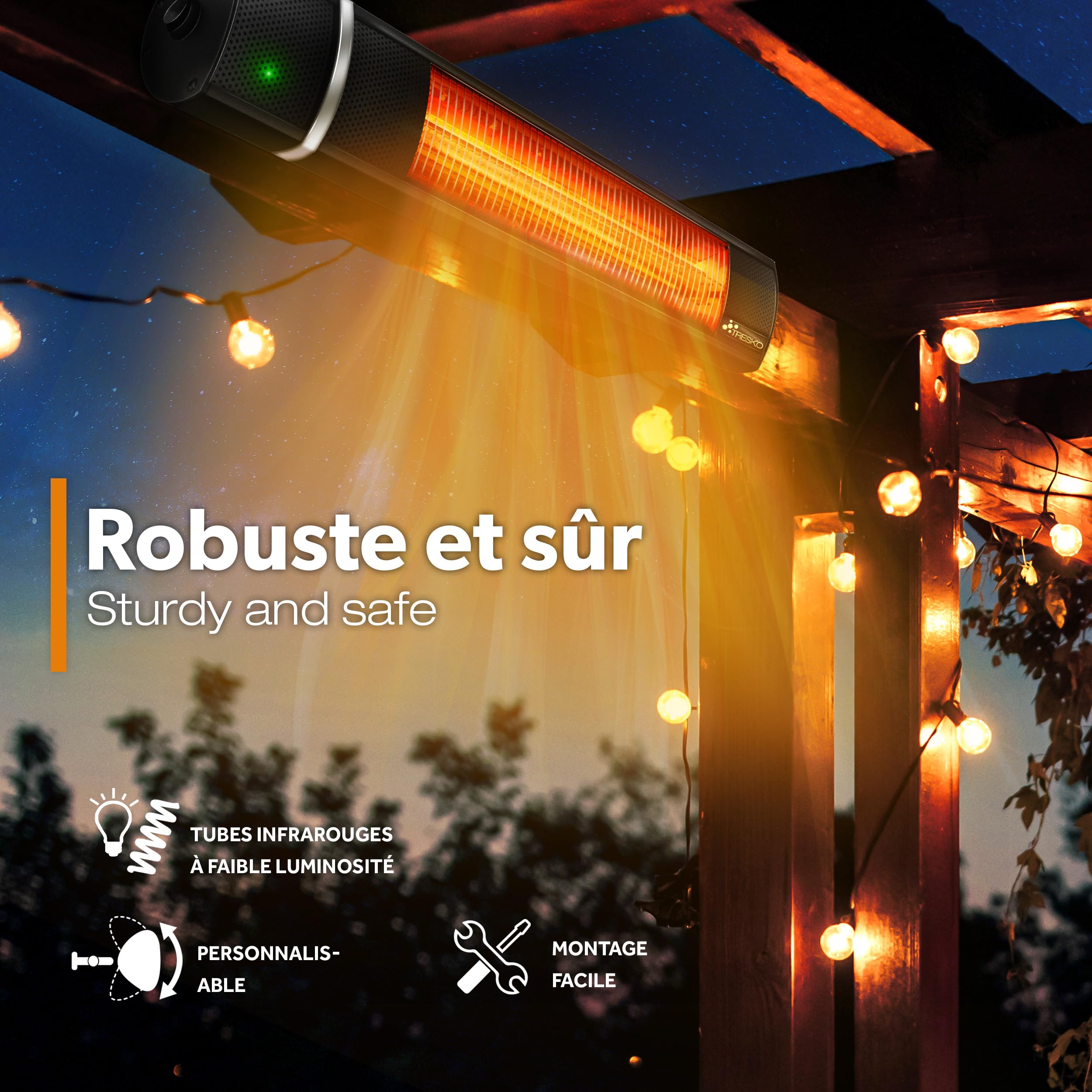 TRESKO Radiateur infrarouge extérieur 2000W | Chauffage radiant terrasse | murale | inclination | télecommande | 3 niveaux | intérieur et extérieur (Noir)