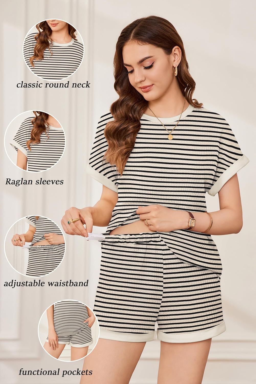 Ekouaer Maternity Pajamas 2 Piece Outfits Waffle Knit Short Sleeve Tops and Shorts Loungewear Set Pregnancy Clothes - Image 4