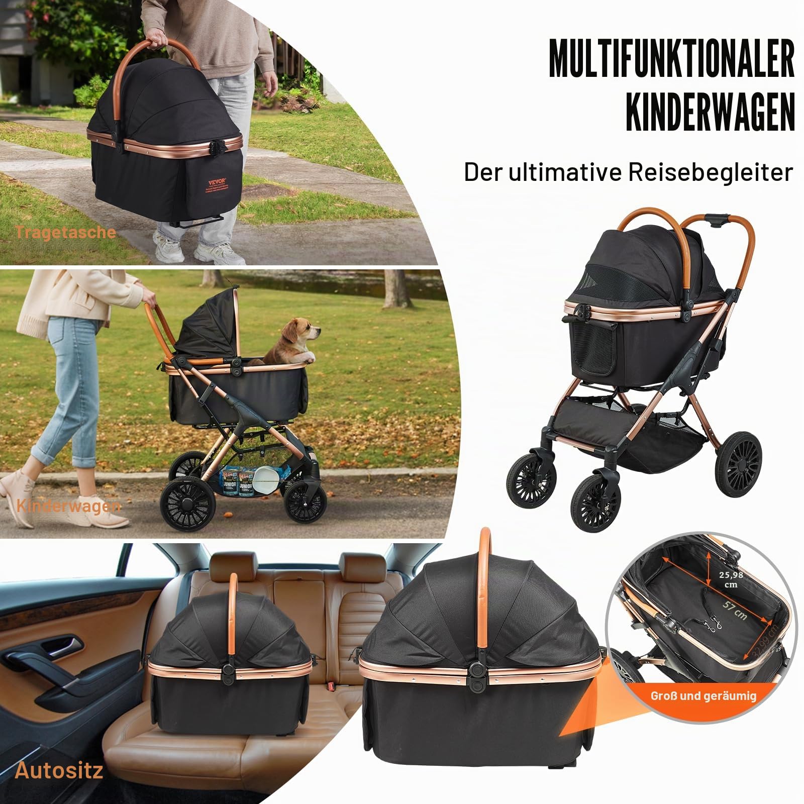 VEVOR Hundebuggy 59x85x105cm Hundewagen 30kg Tragfähigkeit Faltbarer Hundetrolley Aluminium-Rahmen 800D Oxford-Gewebe Nylon-Netzfenster 4 PU-Räder Hundebox Tierbuggy Katzenbuggy Haustier Transport
