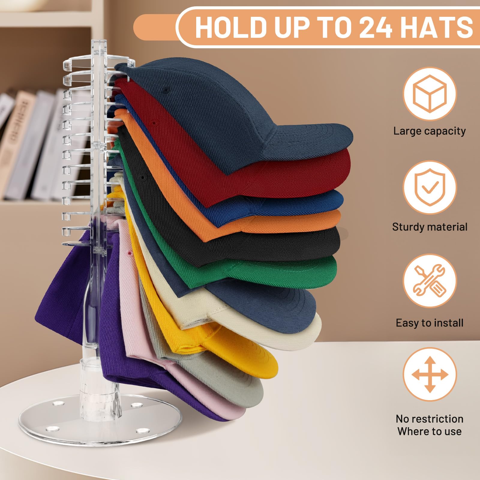 [1 Pezzo] Porta Cappelli Supporto in Piedi, Organizer Baseball Supporta a 24 Cappelli Uomo e Donna, Espositore Rotondo in Acrilico Trasparente Decorazioni da Tavolo per Armadio, Salotto