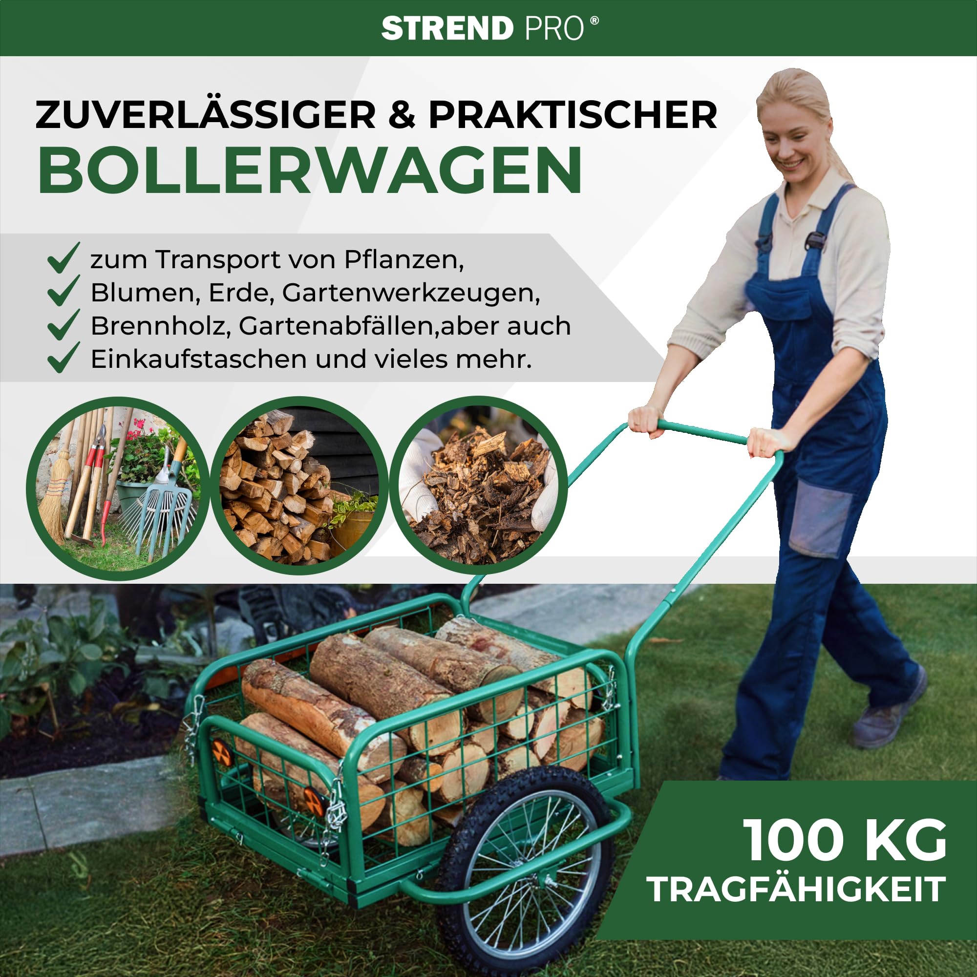 STREND PRO Bollerwagen | Handwagen | Metall | klappbare Seiten | bis 100KG | Große Räder, Metallkonstruktion | Transportwagen für Garten & Transport | Holzhandwagend, Gartenwagen | Victor