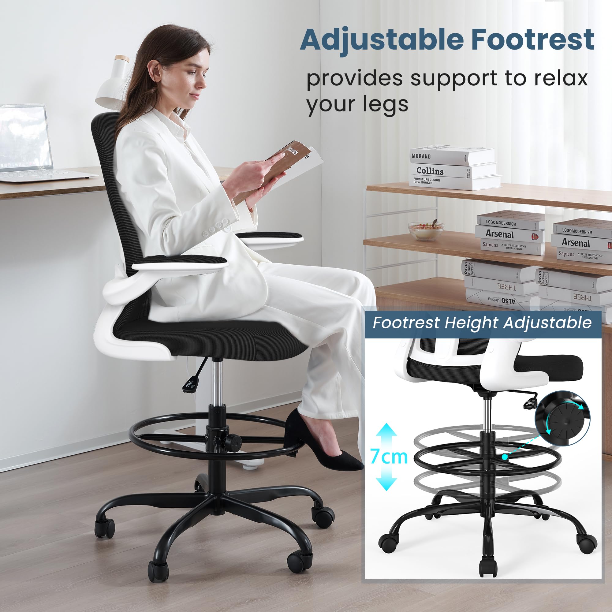 Sedia da disegno, sedia da ufficio alta con braccioli ribaltabili, sedia da scrivania ergonomica da ufficio, sedia da ufficio con supporto lombare e poggiapiedi regolabile