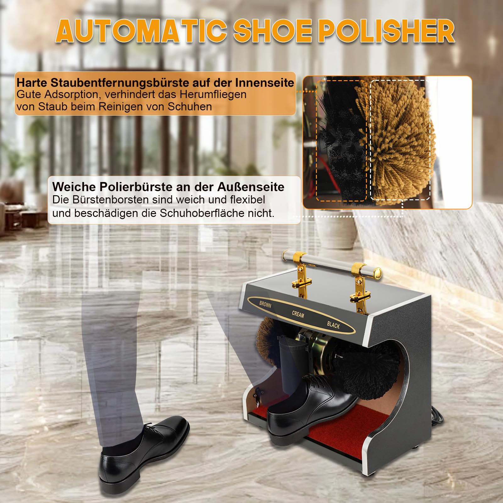 60W Vollautomatischer Schuhputzer, Automatische Schuhputzmaschine Schuhputzautomat Polierer Schuhbürste Elektrisch Reinigungsbürste mit 2 Bürsten Ausgestattet, 1200U/min