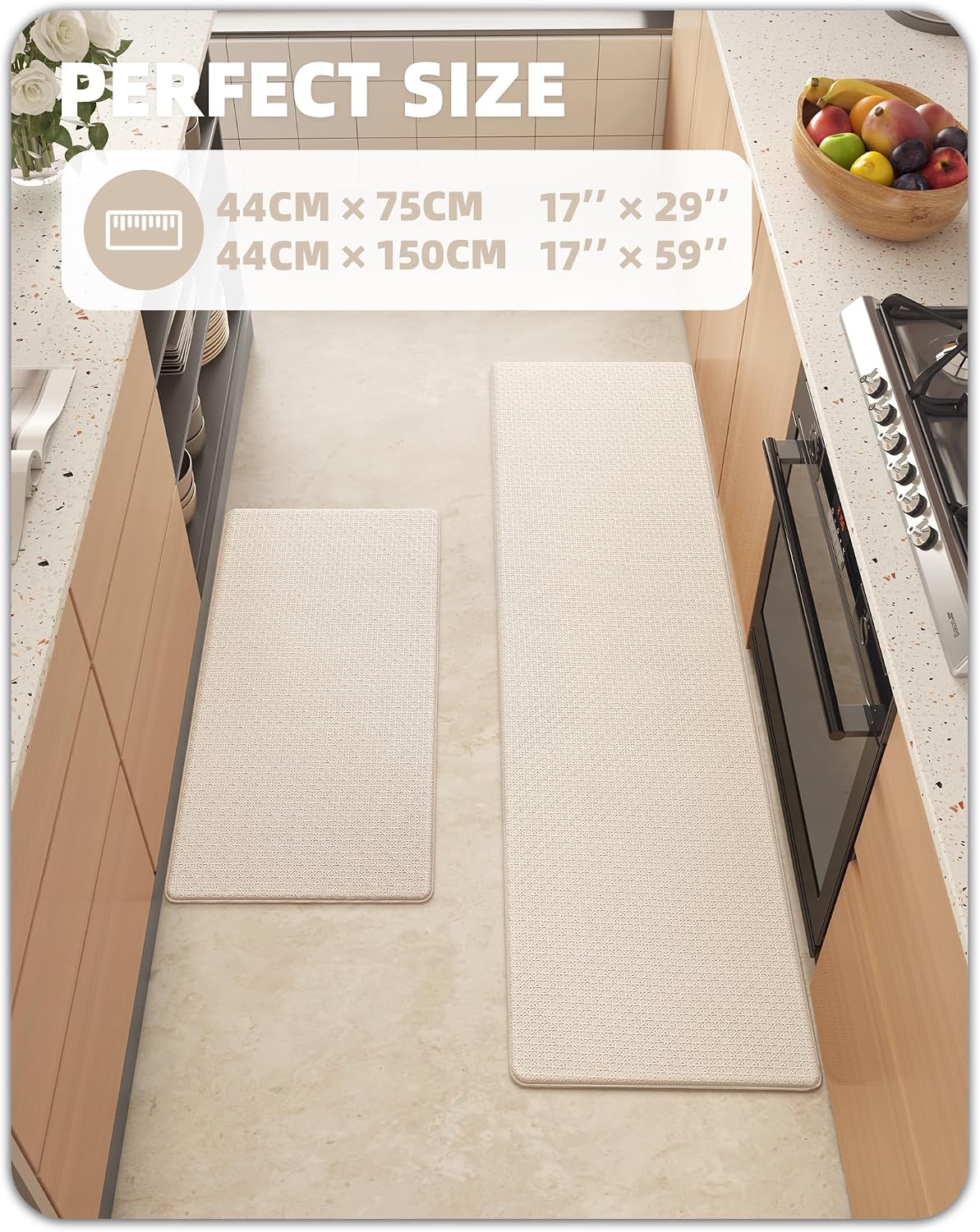 Color&Geometry Kitchen Rugs 2PCS Kitchen Mat Anti Fatigue Mats for Kitchen Floor, Non-Slip Kitchen Floor Mat, Waterproof Memory Foam Standing Mat for Kitchen, Sink, Office, 17"x29"+17"x59", Wheat