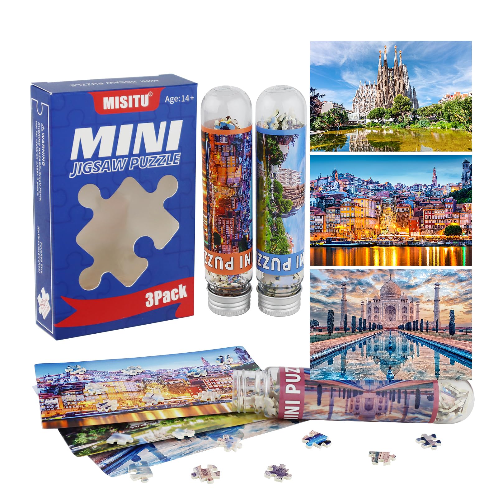 MISITUSmall Puzzles for Adults Mini Puzzles 150 Piece Micro Piece Puzzles Small Jigsaw Puzzles Challenging Difficult Travel Puzzles Taj Mahal Porto Cathedral Jigsaw Puzzles 6 x 4 inch, 3 Pack