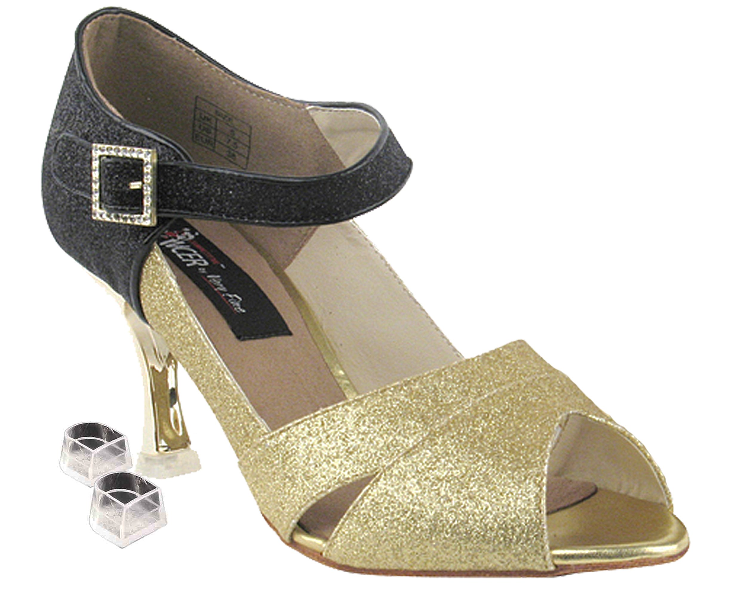 Very Fine Dance Shoes Women's Salsa Ballroom Tango Dance Shoes Style CD3010 Bundle with Plastic Dance Shoe Heel Protectors, Gold Stardust 9 M US Heel 2.5 Inch