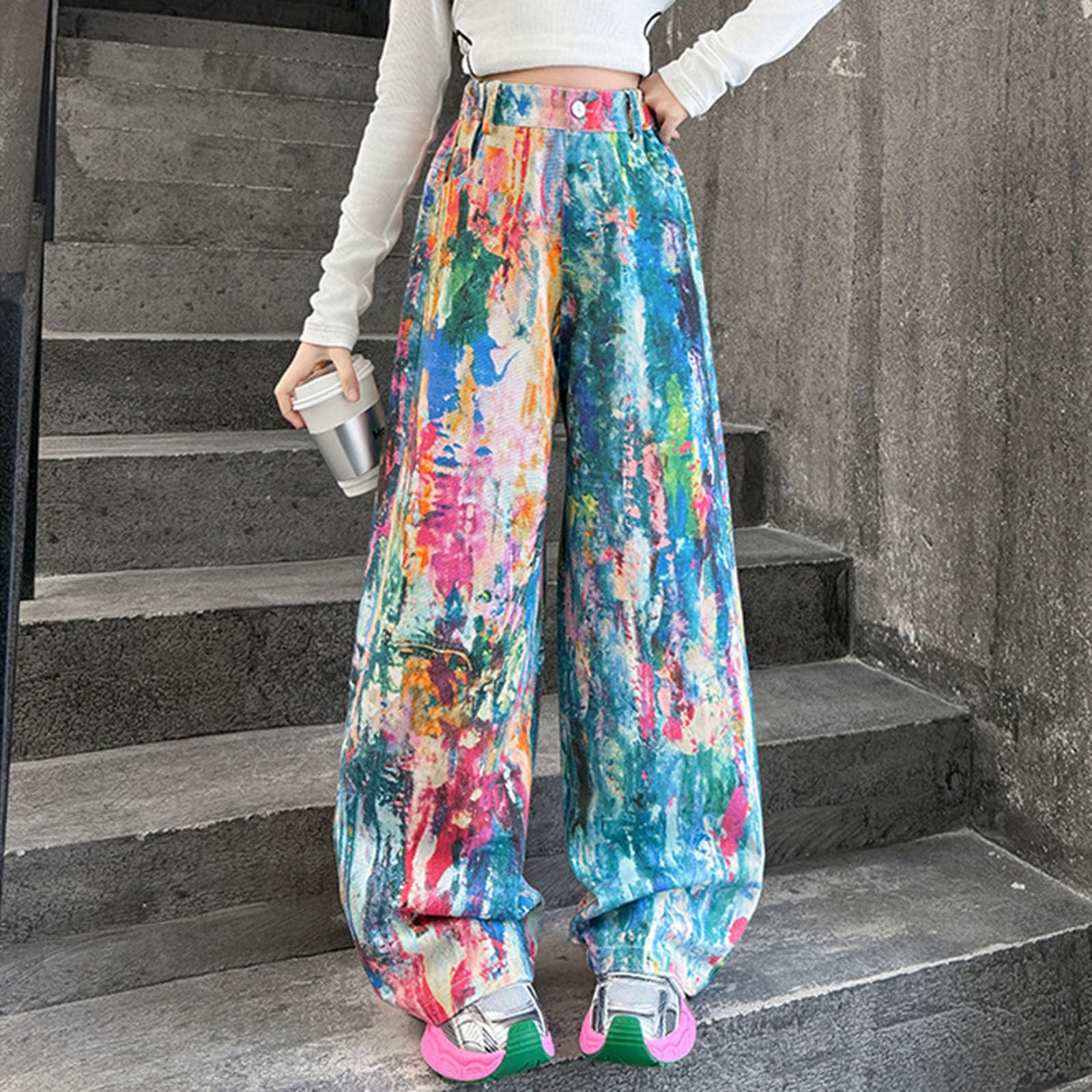 Pantalones Vaqueros Holgados para NiñAs, TeñIdo Tie-Dye Colorido Estilo, De Cintura Alta, De Pierna Ancha, Holgados, Estilo Streetwear, Vaqueros De Mezclilla, Ropa Hip Hop, para Adolescentes