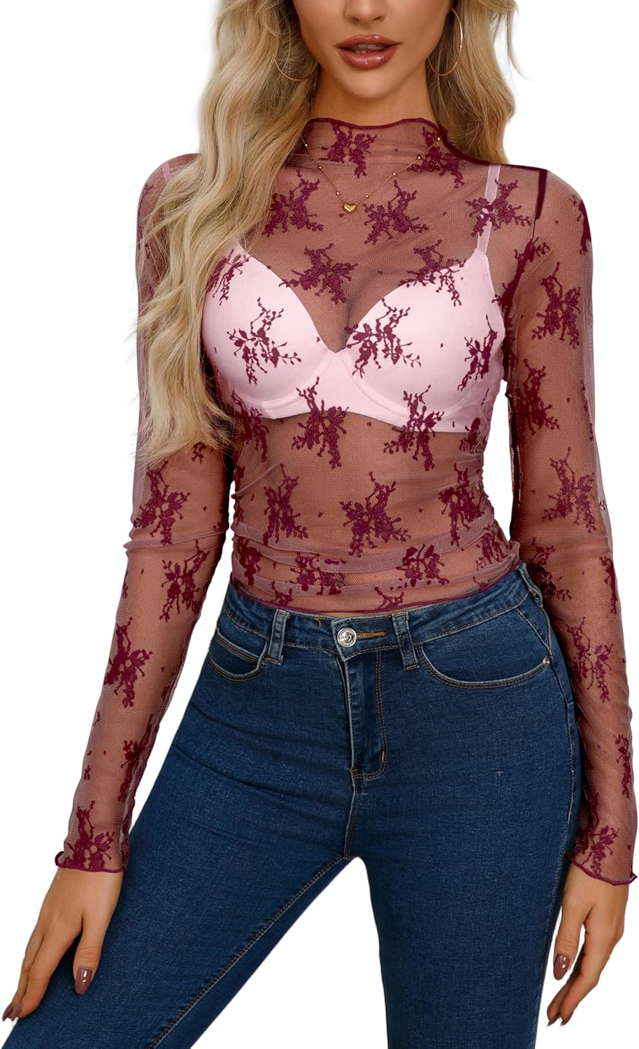 AISEW Womens Mesh Sheer Long Sleeve Crop Tops Mock Neck Sexy See Through Tee Shirts Lace Floral Y2K Layering Top Blouses