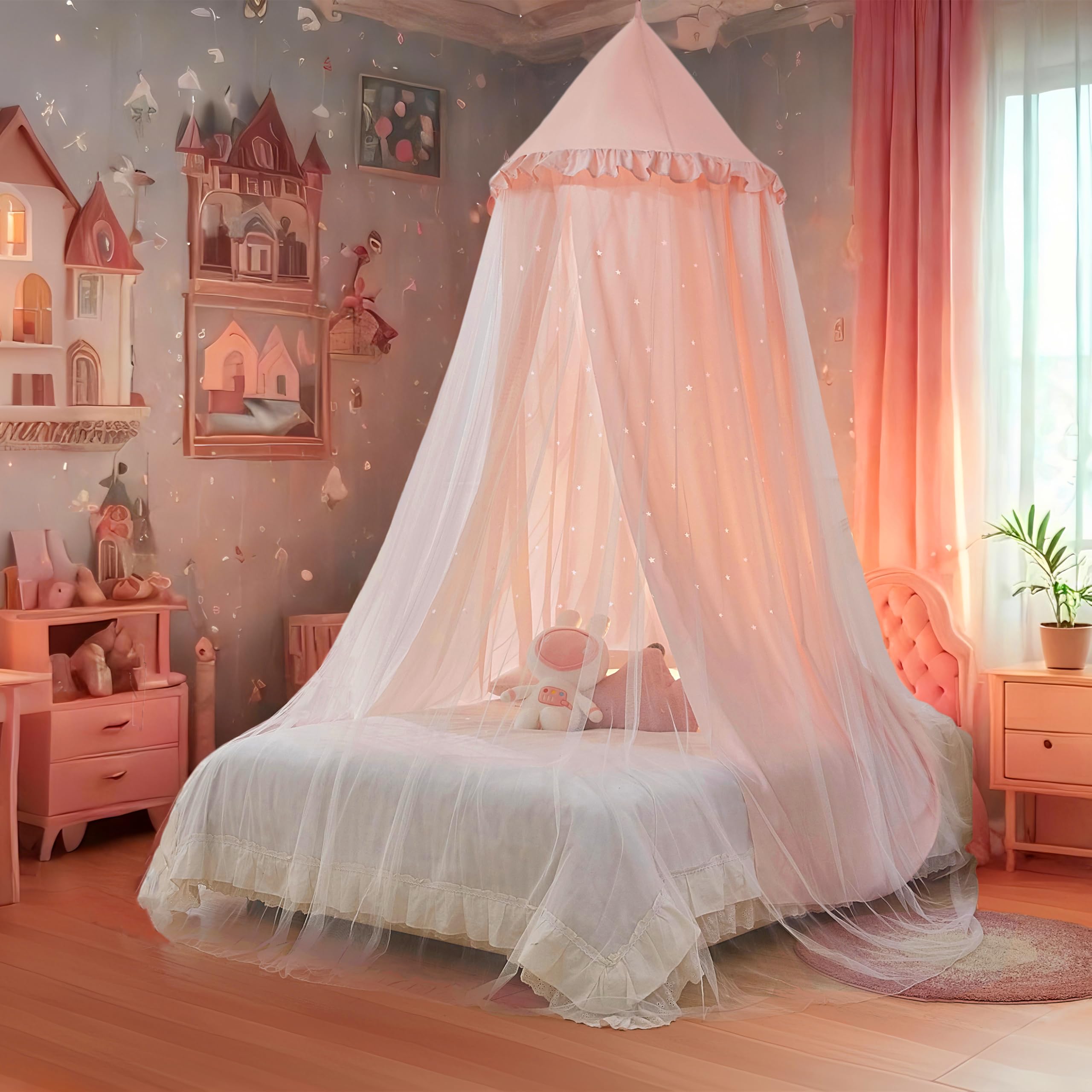 Baldaquin de lit princesse pour fille, double couche avec étoiles découpées, tissu respirant et lavable, convient pour lit double, tente féérique pour décoration de chambre