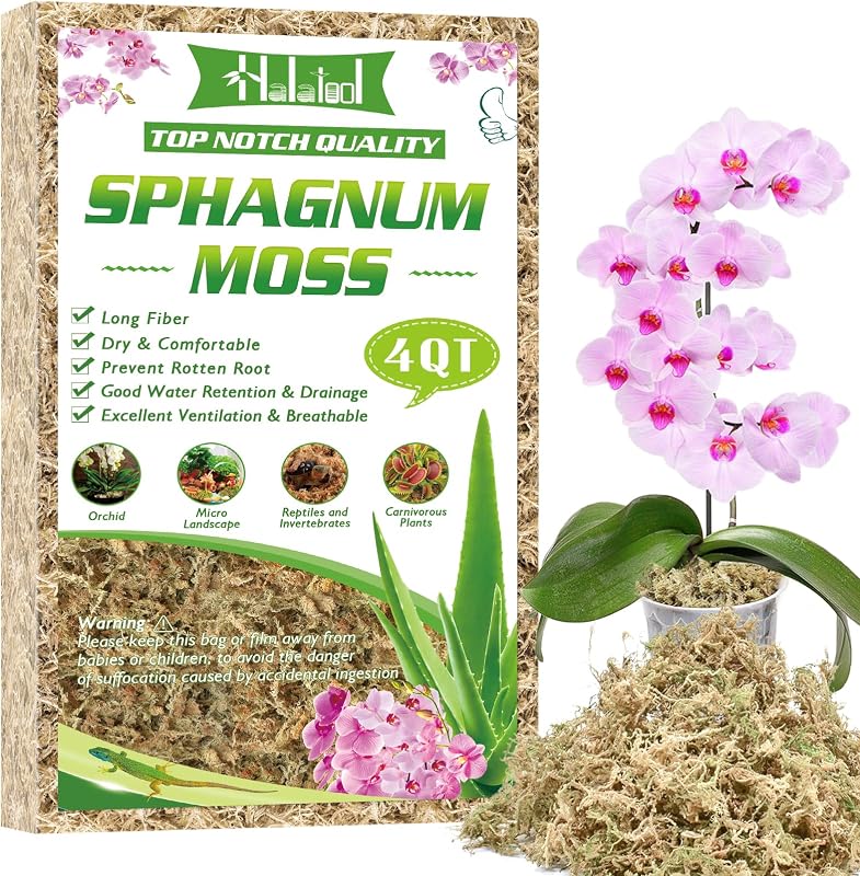 Halatool musgo Sphagnum de 3.6 onzas para plantas, musgo de orquídea seco de fibra larga de 4 cuartos de galón | Drenaje y retención de humedad, musgo natural para helechos, suculentas, carnívoros, trasplante de orquídeas, terrarios, lecho de reptiles