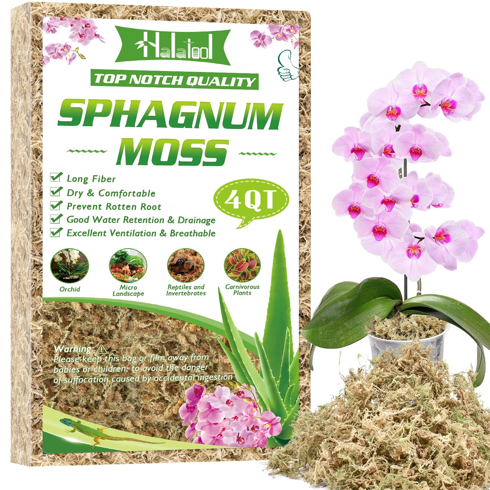 Halatool 4QT Premium Sphagnum Moss for Indoor Plants, Orchid Moss Potting Mix - Natural Sphagnum Moss for Succulents, Carnivorous(Sarracenia), Monstera, Terrarium Substrate & Reptile Habitats