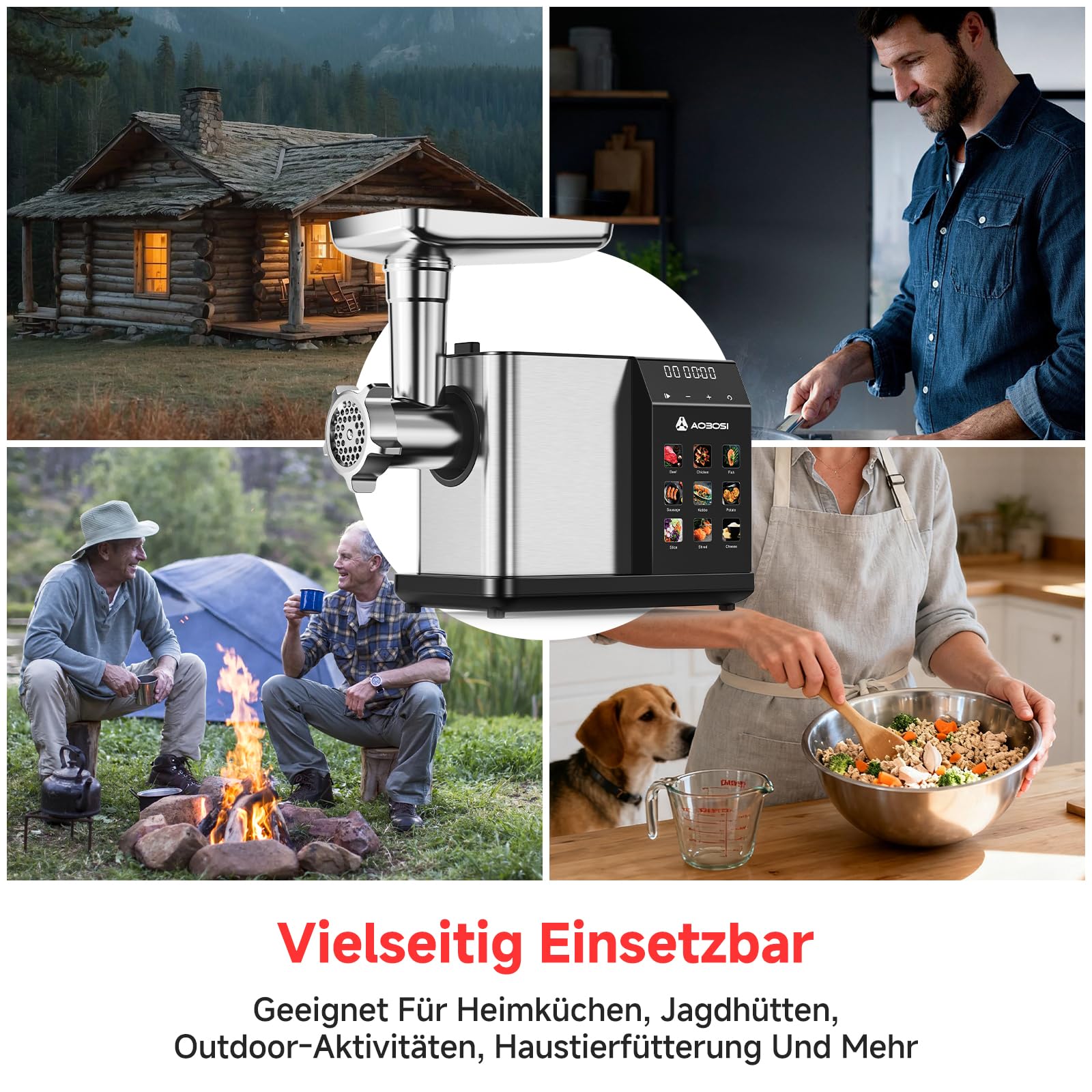 AAOBOSI Elektrischer Fleischwolf [3000W Max] mit LED-Anzeige, 9 Geschwindigkeitsstufen, Edelstahl-Schneideaufsatz, Wurstfüller & Kibbe-Maker, Integrierter Aufbewahrungsbehälter, Für den Heimgebrauch
