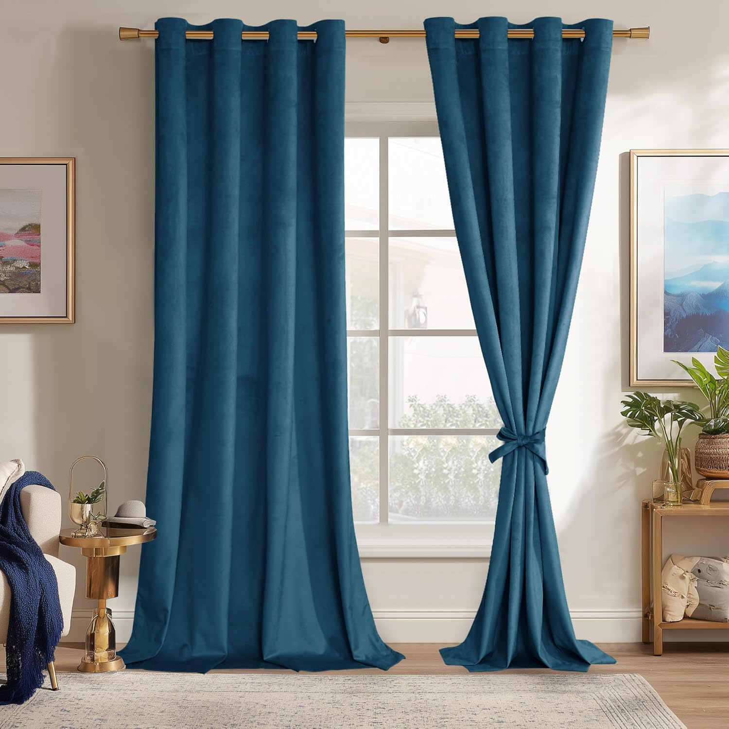 JIUZHEN Beige Velvet Curtains 108 inches for Living Room - Thermal Insualted Room Darkening Grommet Thick Velvet Window Drapes for Bedroom, Set of 2 with Tiebacks, 52W x 108L