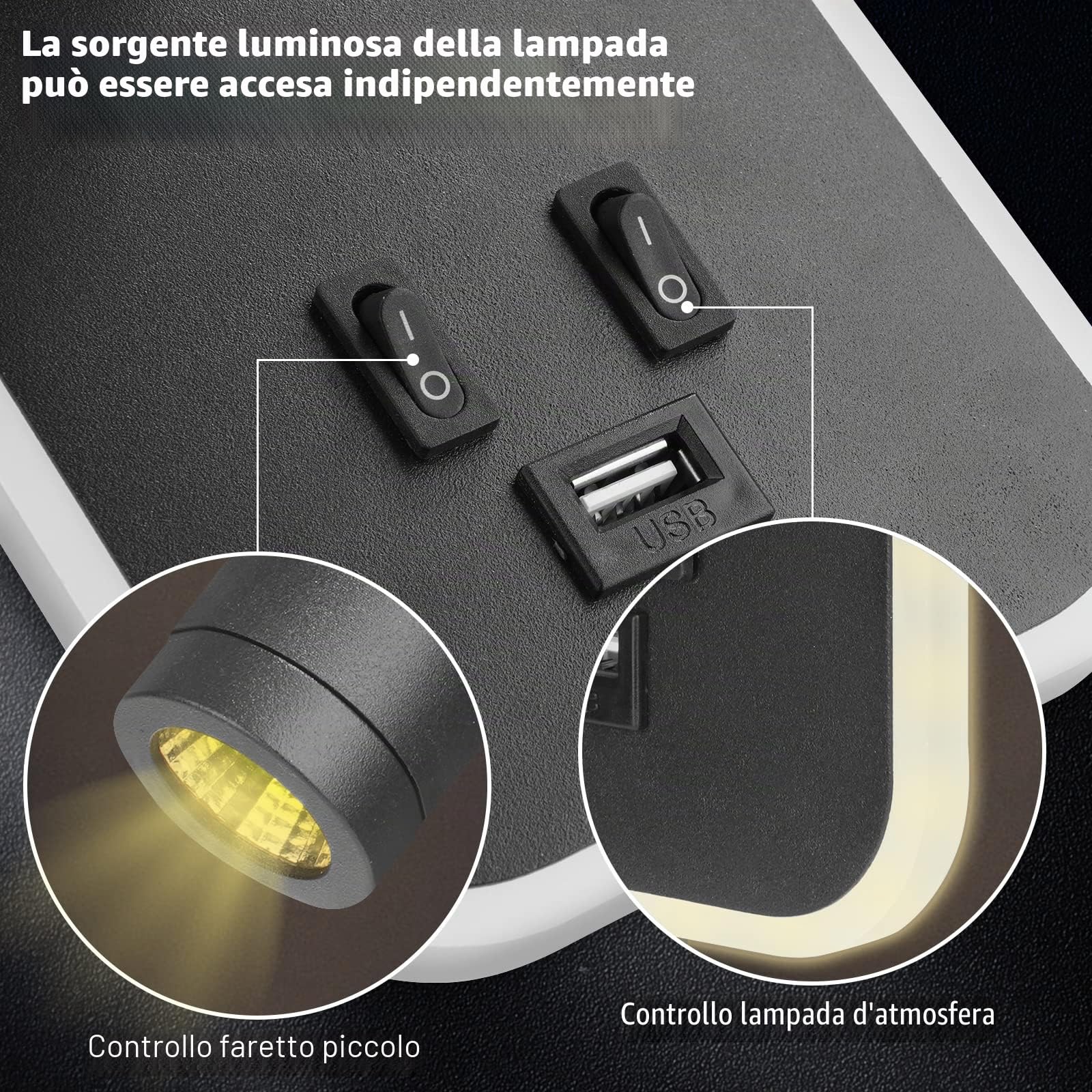Lampada da comodino, 2 x applique da parete a LED con interruttore e ricarica USB, 3 W + 9 W, 3000 K, fissaggio a parete, faretto girevole, luci da parete, letto, lampada da parete, corridoio