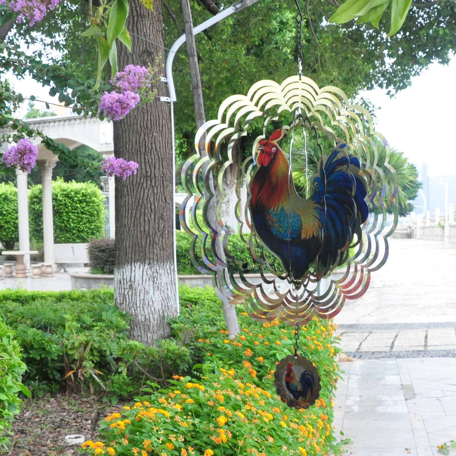 3D Rooster Wind Spinner - 12" Stainless Steel Hanging Wind Sculpture For Garden & Outdoor Decor