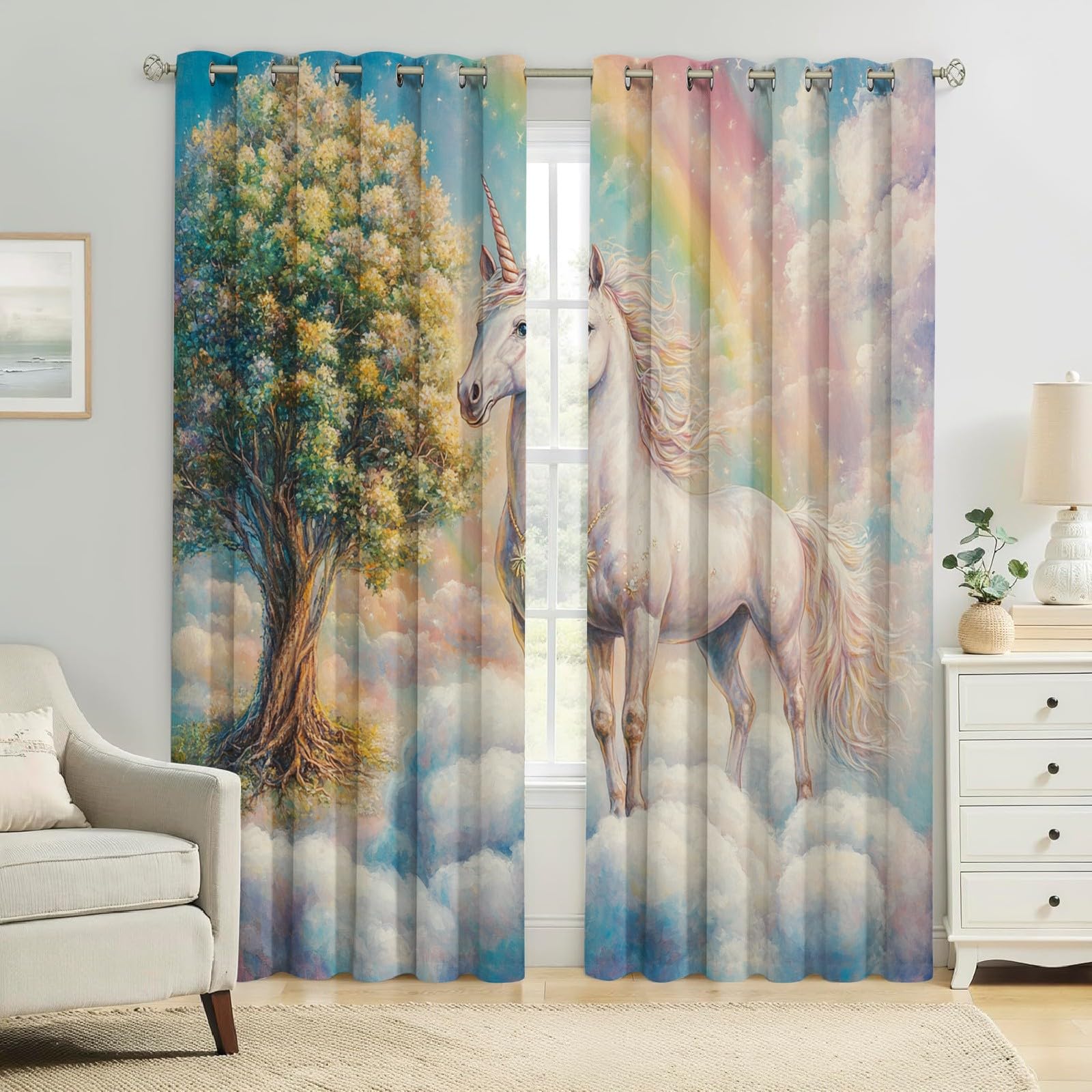 Chambre Rideaux Occultants Licorne Isolation Thermique,Impression Blanc À Œillets pour Fenêtre,Chambre et Salon,2 Panneaux,117L X 183H cm