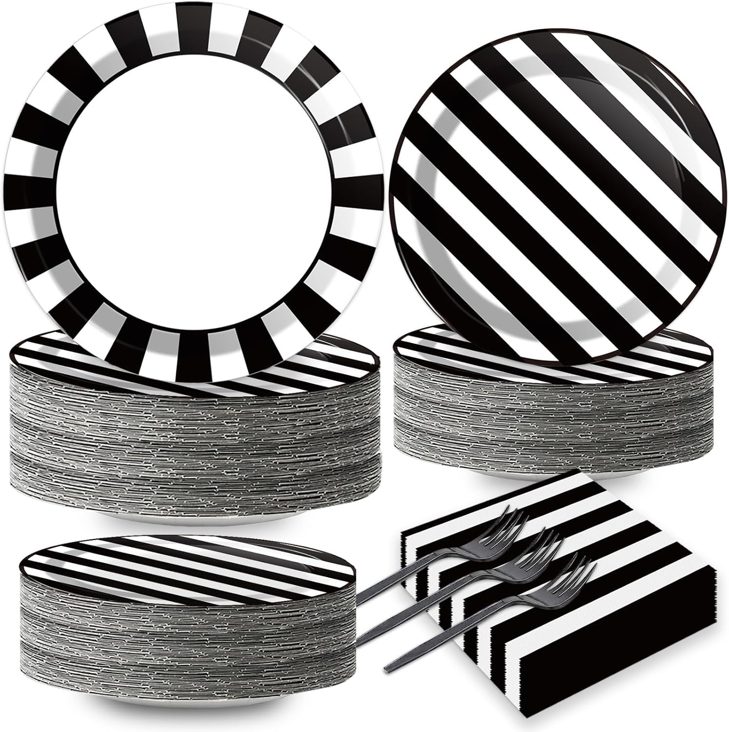 200pcs Black and White Party Plates Napkins Forks Striped Theme Party Tableware Set Black White Party Disposable Paper Dessert Dinnerware Kids Adults Wedding Party Baby Shower Decor Supplies Serves 50