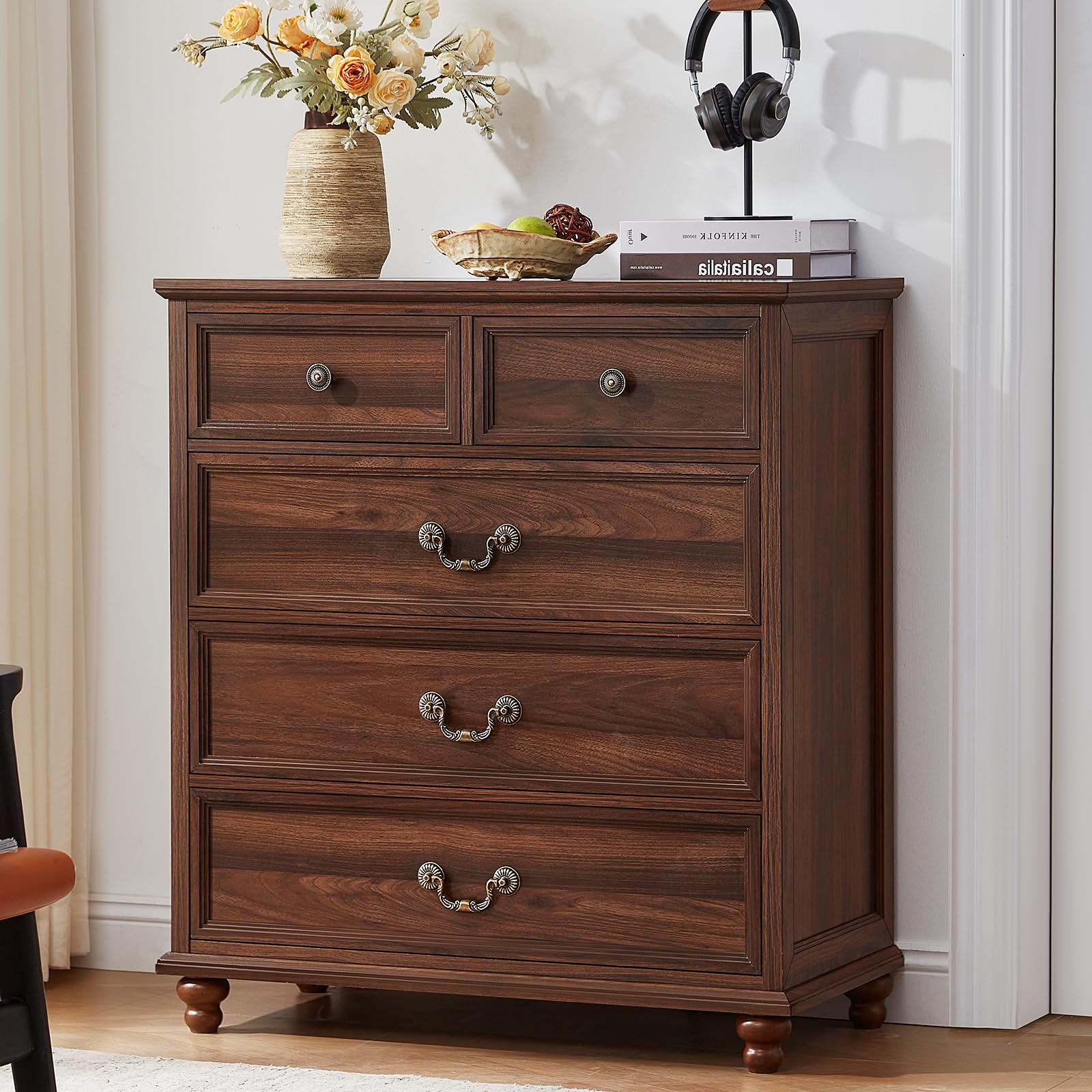 Joaxswe Farmhouse 5 Drawer Dresser for Bedroom, 35" Tall Rustic Chests of Drawers w/ 4 Solid Wood Feet, Mid Century Modern Wooden Closet Storage Dressers Organizer for Living Room, Hallway,Brown