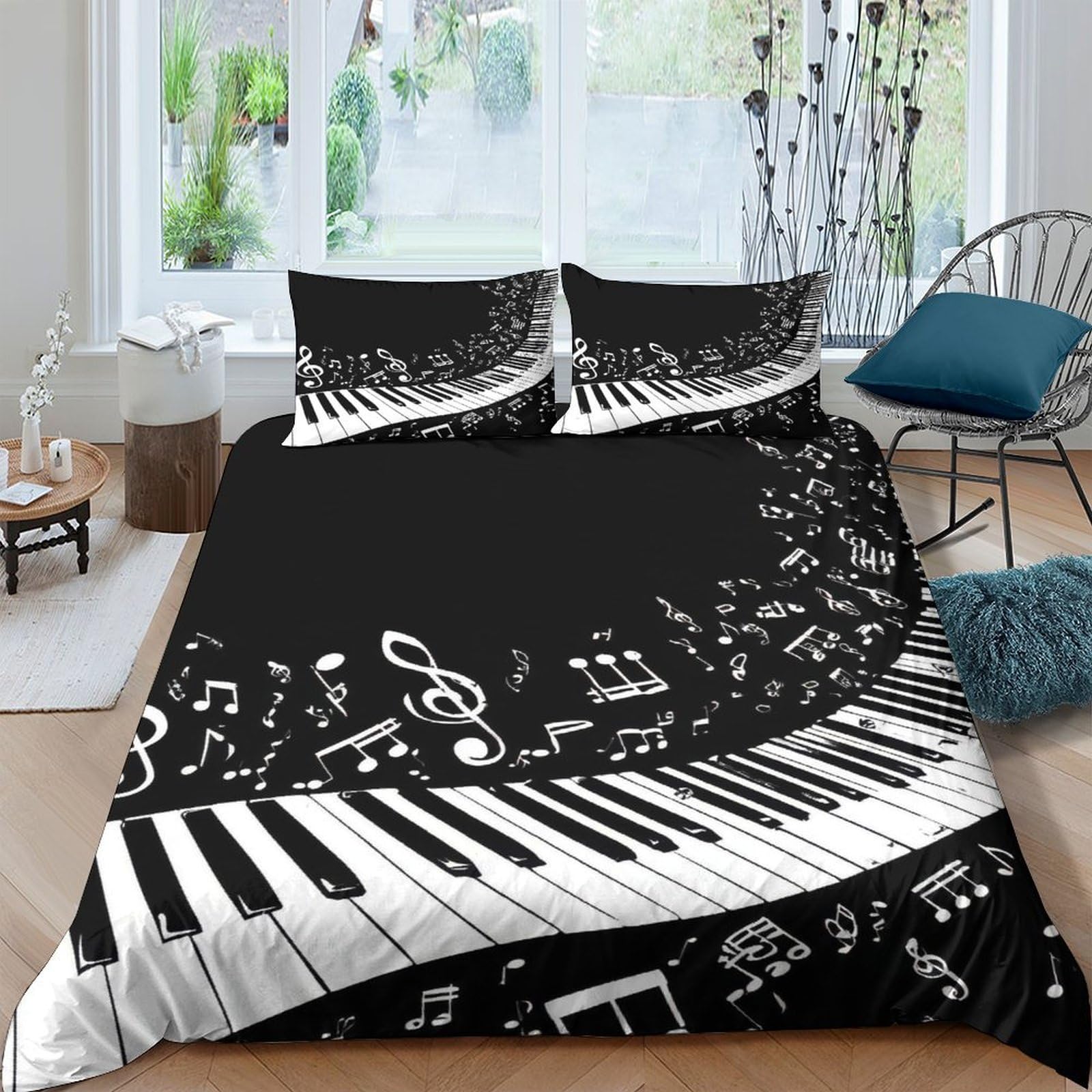 Ctjqhvkz Style-9 3D Printed Piano Keys Fitted Sheet Microfiber Black Music Notes Bed Sheet Bedroom Decor Anti-Slip Machine Washable Single（135X200cm）
