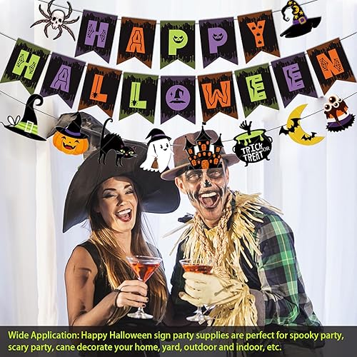 Miniatura 5 de Cartel de Feliz Halloween, decoraciones de fiesta para niños con calabaza, araña, murciélago, bruja, sombrero, decoración de fiesta de casa