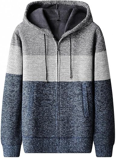 Amazon.com: Suéter de punto con capucha y cremallera para hombre, de manga  larga, cálido, cómodo, color contrastante : Deportes y Actividades al Aire  Libre