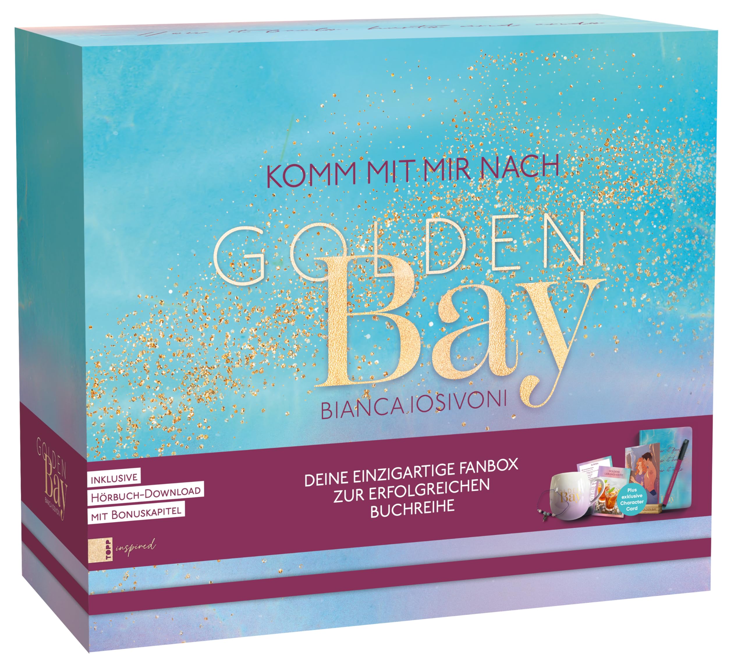 Golden Bay Fanbox: Caja de Regalo con audiolibro y capítulo de bonificación como Descarga, Tarjeta de Caracteres Exclusiva, Tarjetero, Taza, Cuaderno, Pulsera, etc. (New Adult Merchandise)