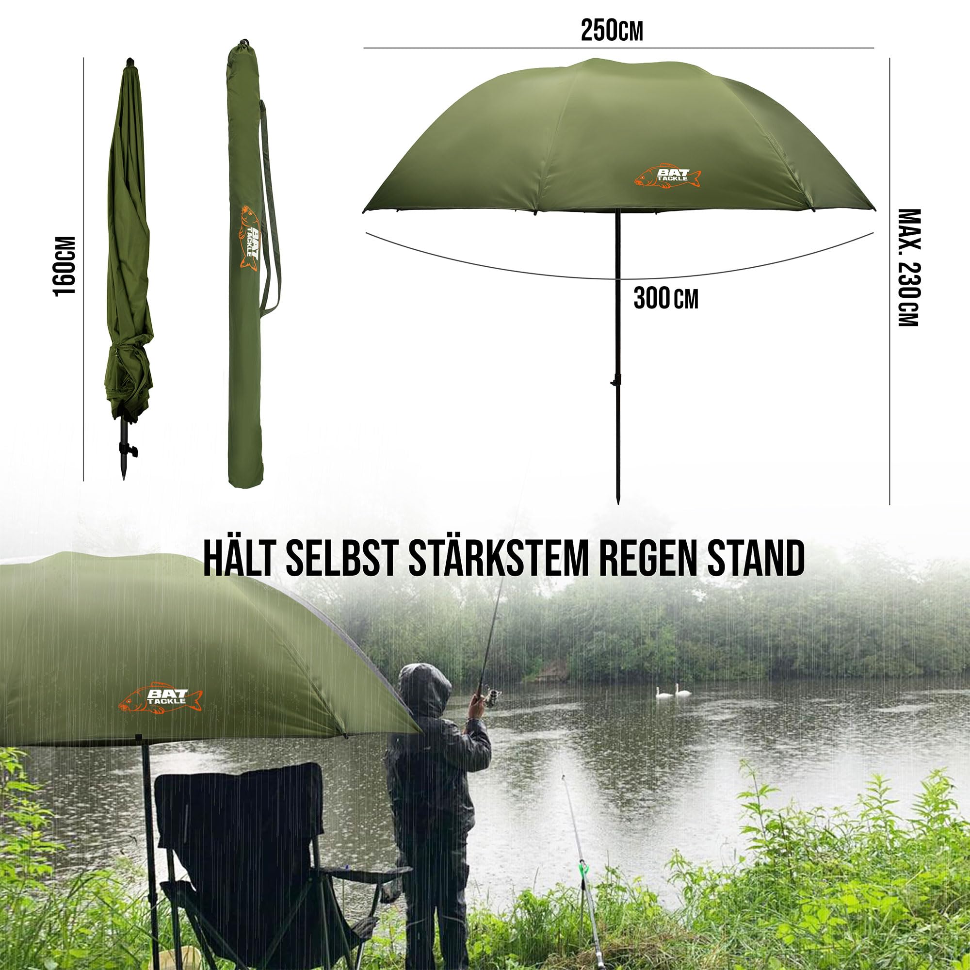 Nubrolly Angelschirm – Wasserdichtes PVC – 250cm oder 300cm Bogenmaß – 45° Neigungswinkel – Robuster Schirm für Angler – Inkl. Aluminiumstange – Sturmfest & UV-Schutz – Olivgrün