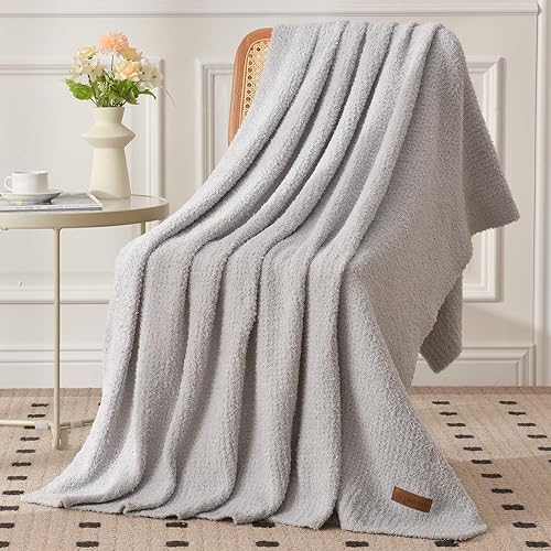Miniatura 3 de Bedpasda Manta de felpa plateada para sofá, manta de felpilla ligera y suave con textura mullida y diseño de ribete acanalado, manta decorativa de