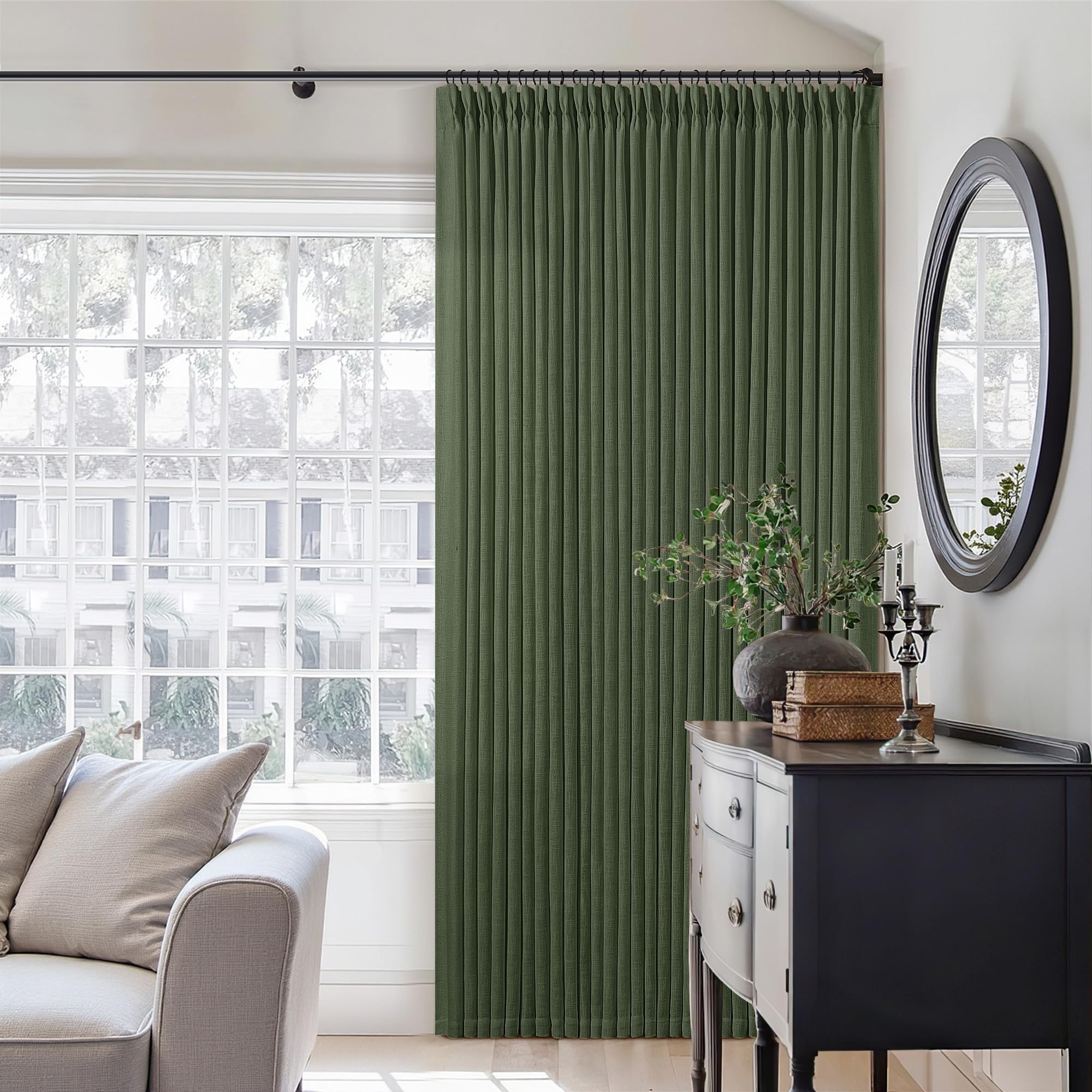 Olive Green Pinch Pleated Linen Semi Sheer Bedroom Curtains 92 Inches Long