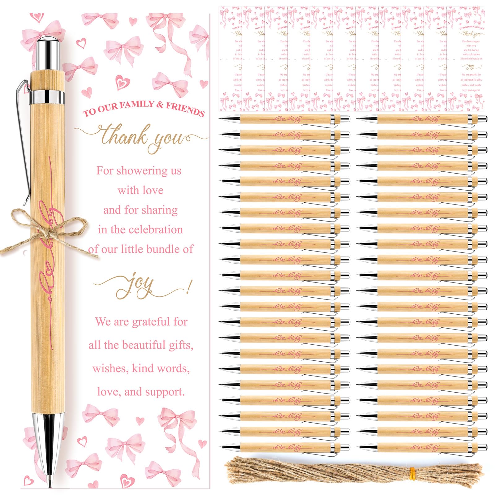EYNDYN 50 Sets Coquette Pink Bow Baby Shower Ballpoint Pen Gifts for Guest Wood Bamboo Pens Thank You Cards Retractable Oh Baby Pens Welcome Babys