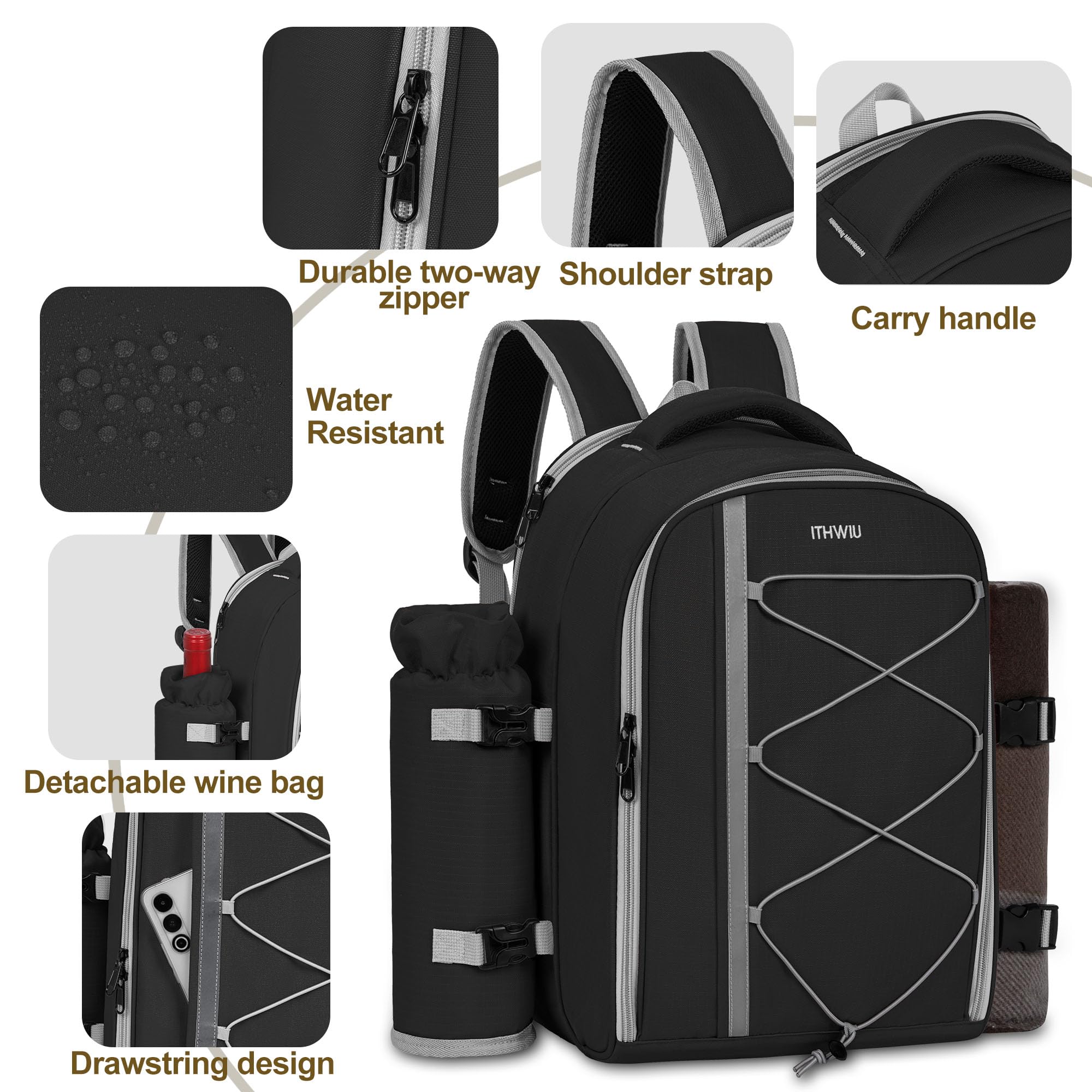 Picknick-Rucksack für 4 Personen, mit Kühlfach, isoliert und wasserdicht, Picknicktasche mit Set und Decke, für Strand, Camping, Wandern (schwarz)