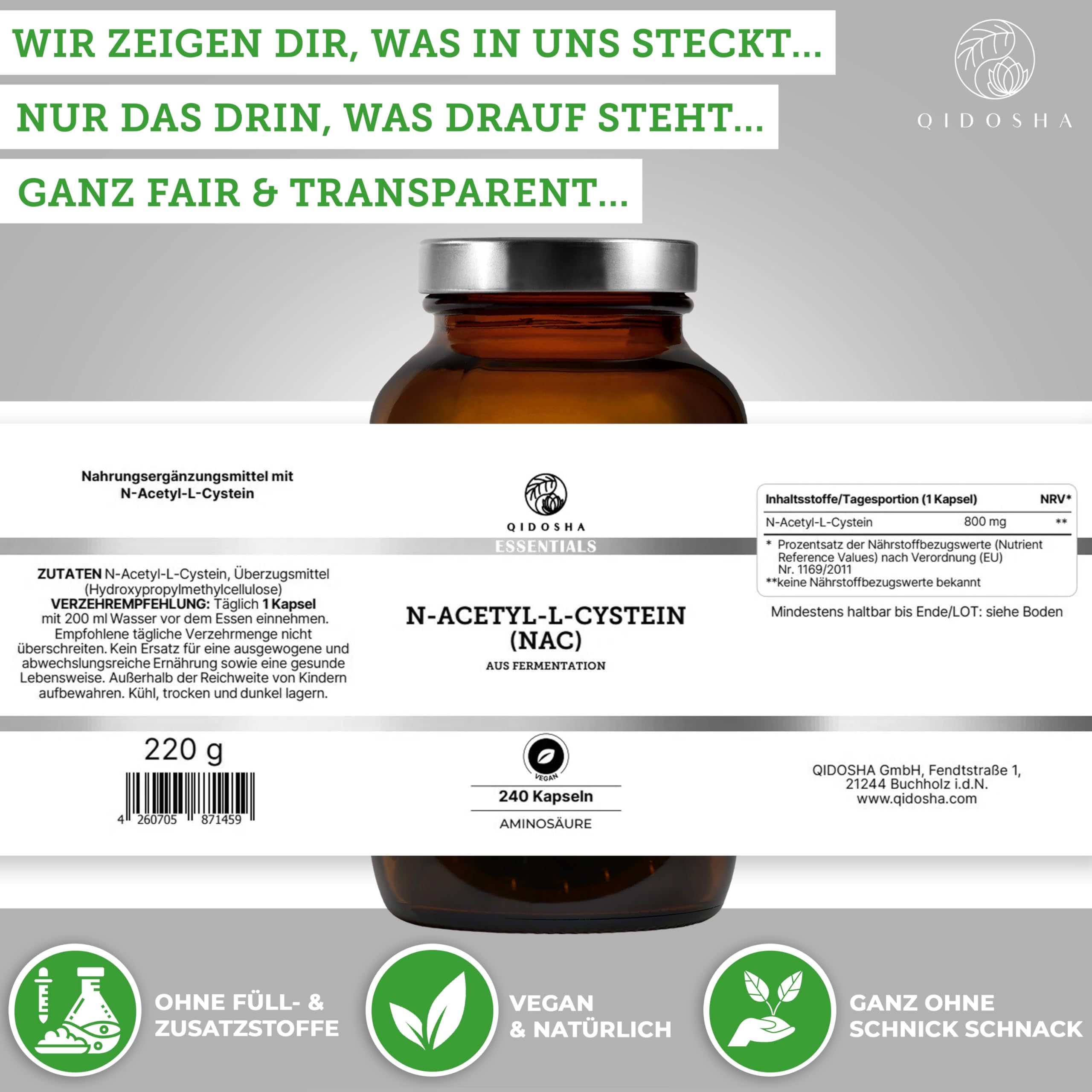 QIDOSHA® NAC 800 Kapseln hochdosiert, 240 Kapseln im Apothekerglas, 800mg N-Acetyl-L-Cystein je Kapsel, vegan, laborgeprueft, deutsche Fertigung