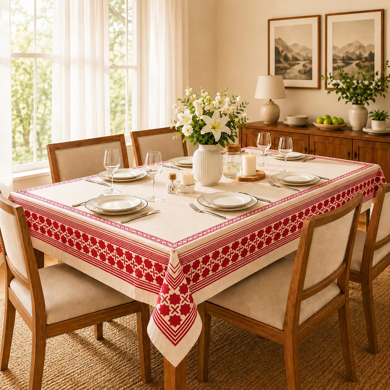 Handblock Slub Cotton Tablecloth- Tuscan Heritage | AZO Free Cotton | Jaipur Artisan-image-29