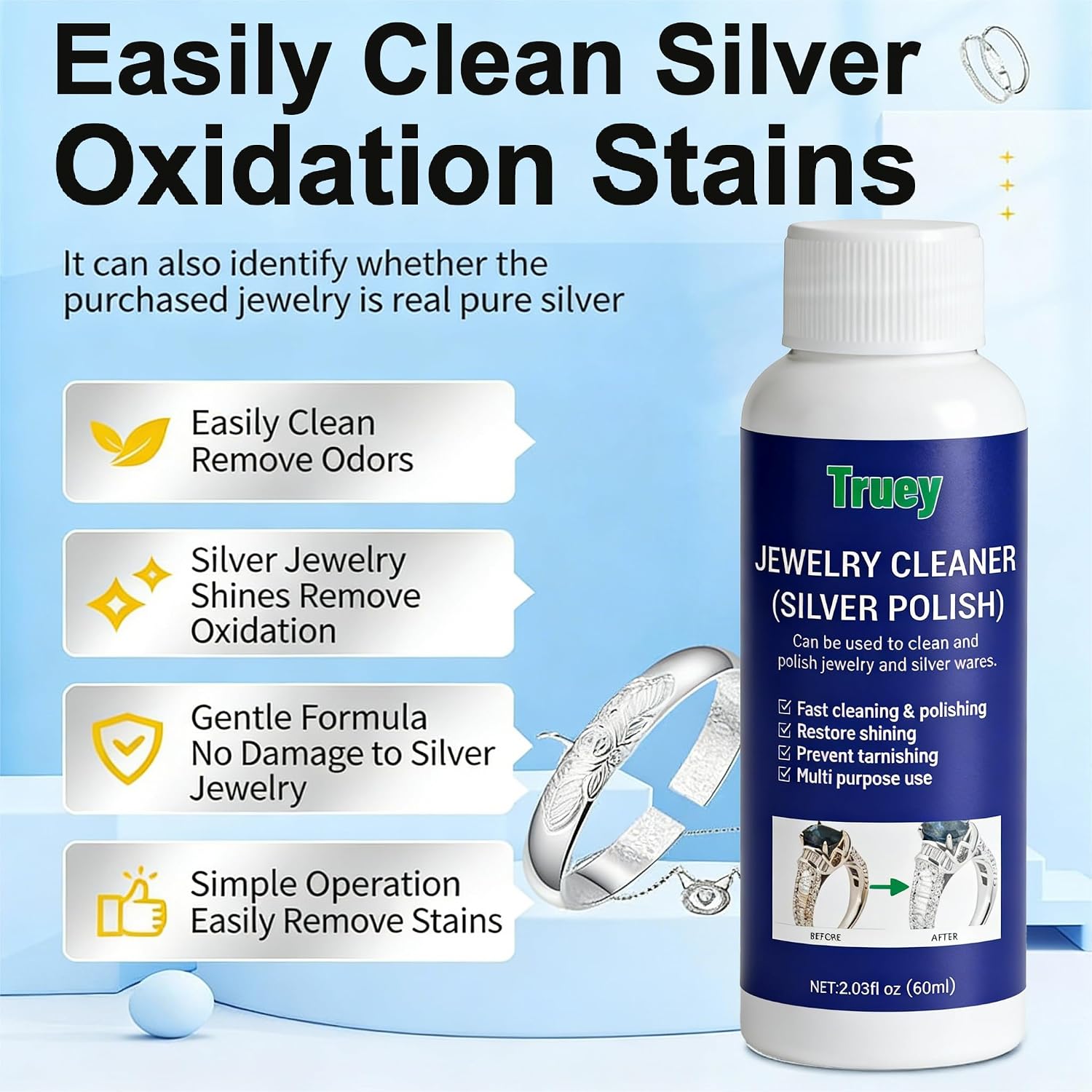 Silver Cleaner,Silver Jewelry Polish,Removes Tarnish,Restores Shine(60ml) | Silver Care,Truey Silver Cleaner, Jewelry Cleaner Silver Polish, for Pure Silver Pure Gold, Removes Tarnish & Restores Shine