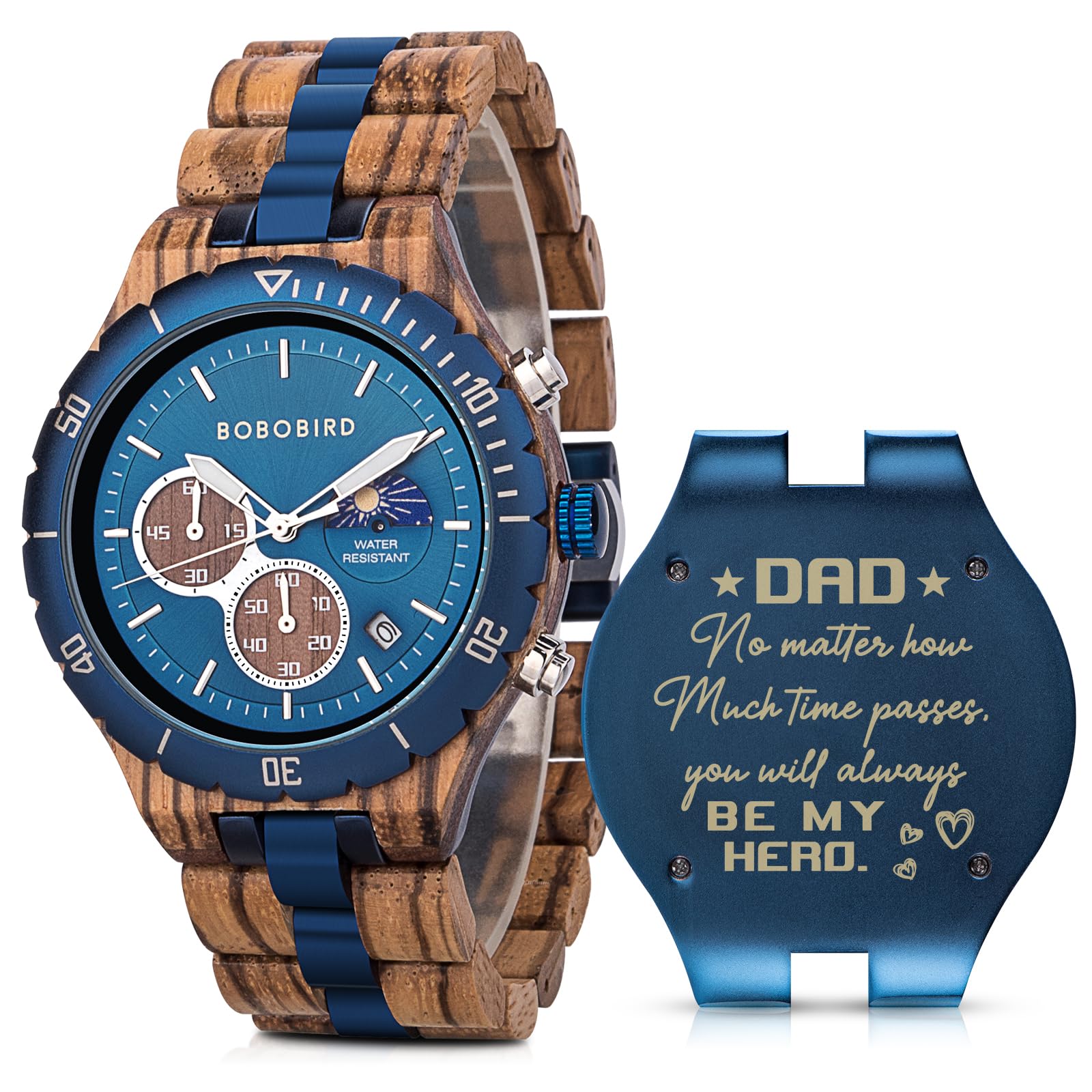 2winMens Personalized Engraved Wooden Watches Fashion Multifunction Custom Watch Birthday Anniversary Wood Watches for Husband Boyfriend Dad Him Son with Gift Box