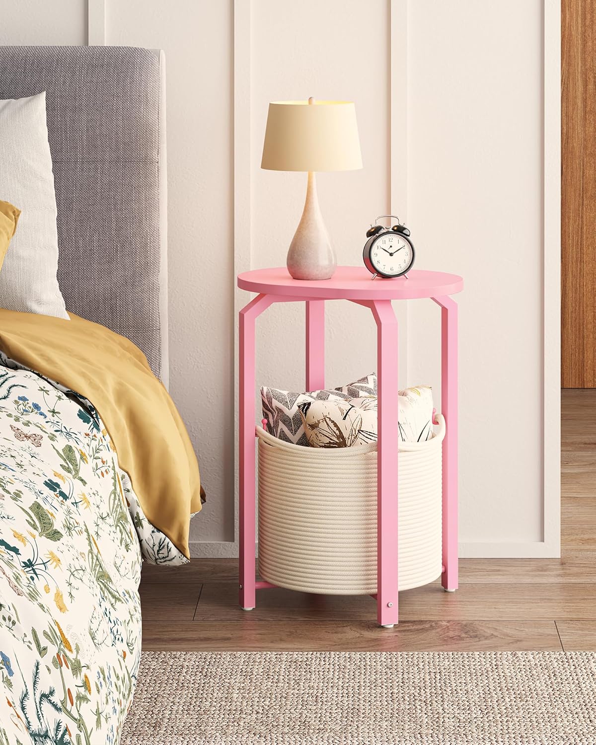 TUTOTAK Small Side Table, Oval End Table, Night Stand, Bedside Table, Sofa Table with Storage Basket, Living Room, Bed Room, Pink TB01BP093