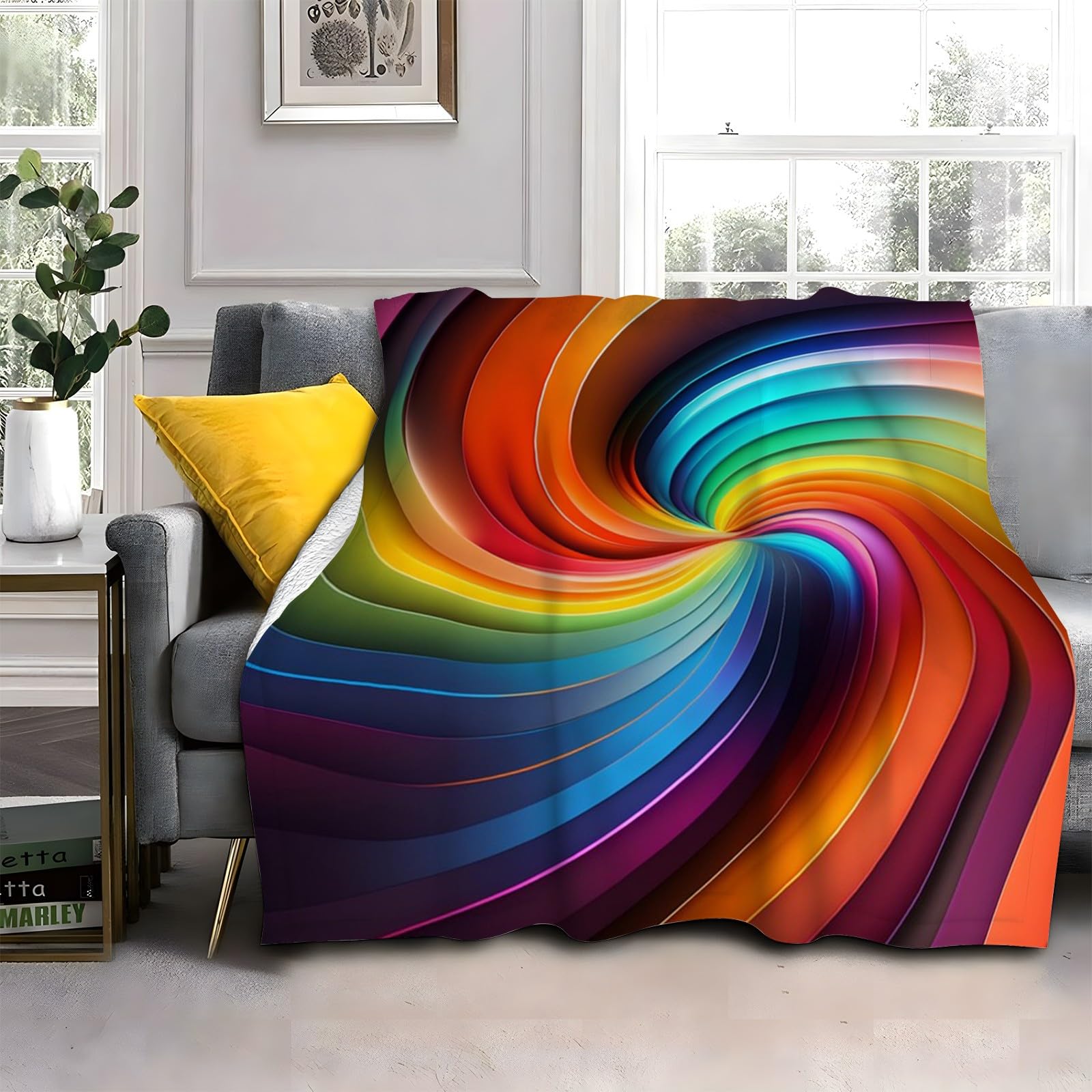Generisch Puszysty koc do wtulania się w tęczę, 200 x 200 cm, miękki i dwustronny, abstrakcyjny wzór, koc polarowy, idealny koc na sofę i łóżko, AL1307